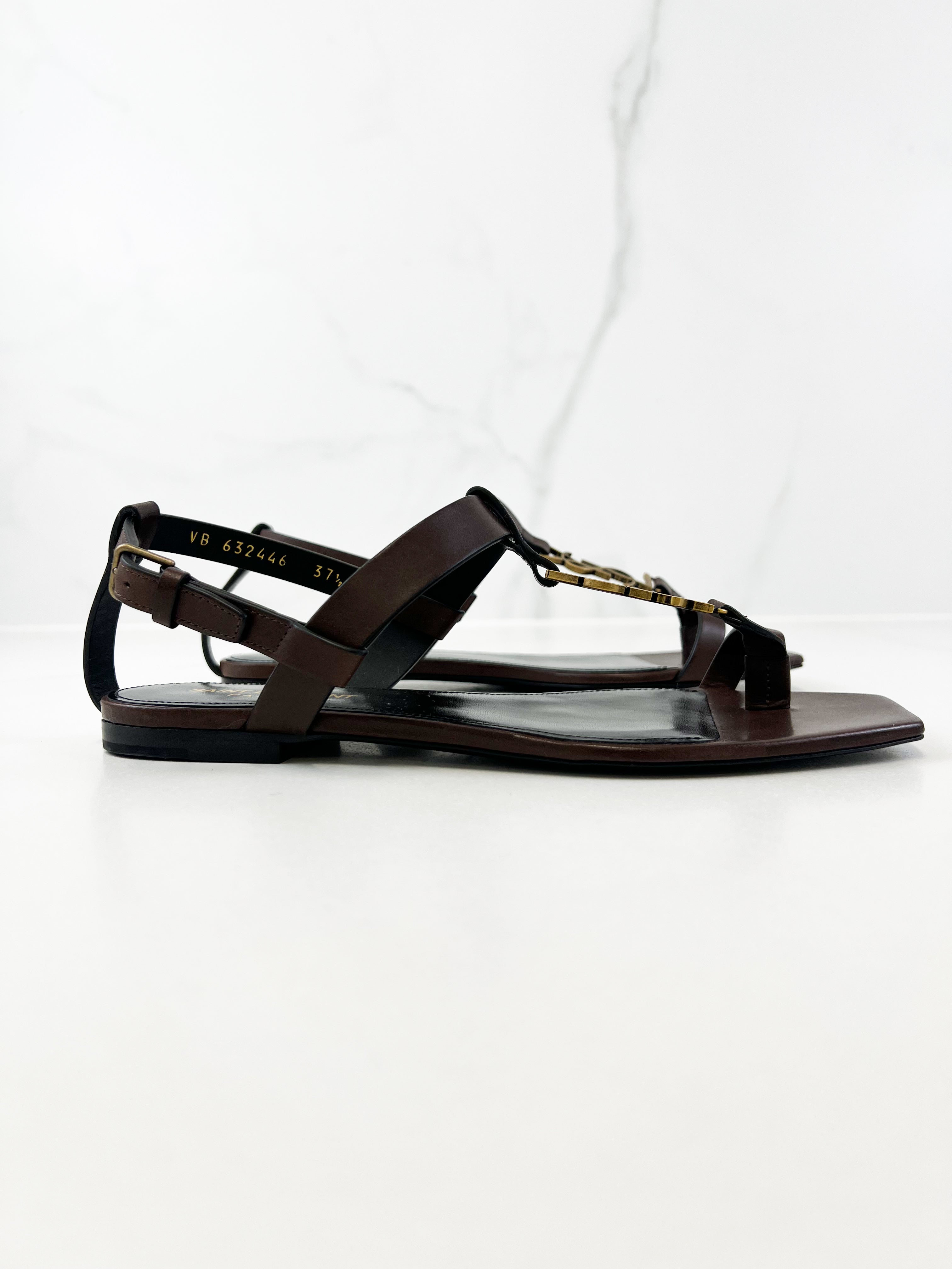 Saint Laurent Cassandra Flat Sandal in Chocolate Patent Leather 37.5