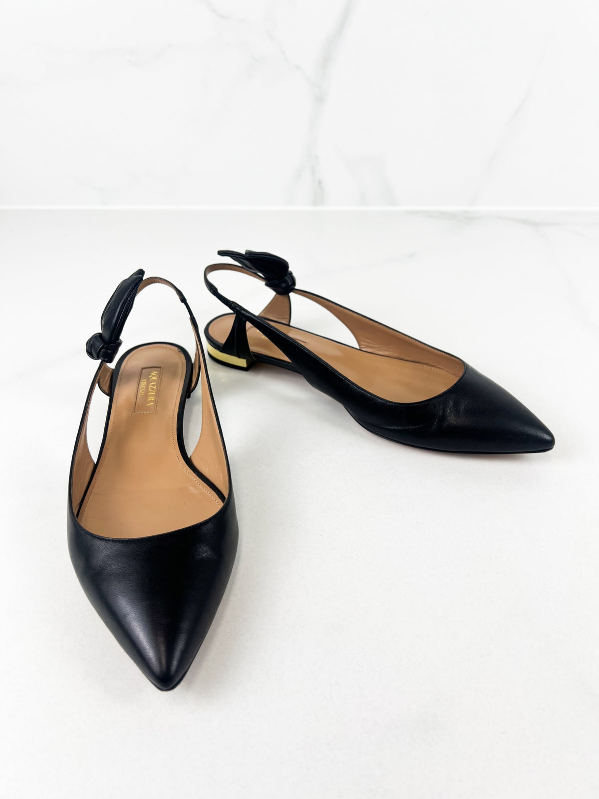 Aquazzura Bow Tie Ballet Flat in Black Leather Size 37