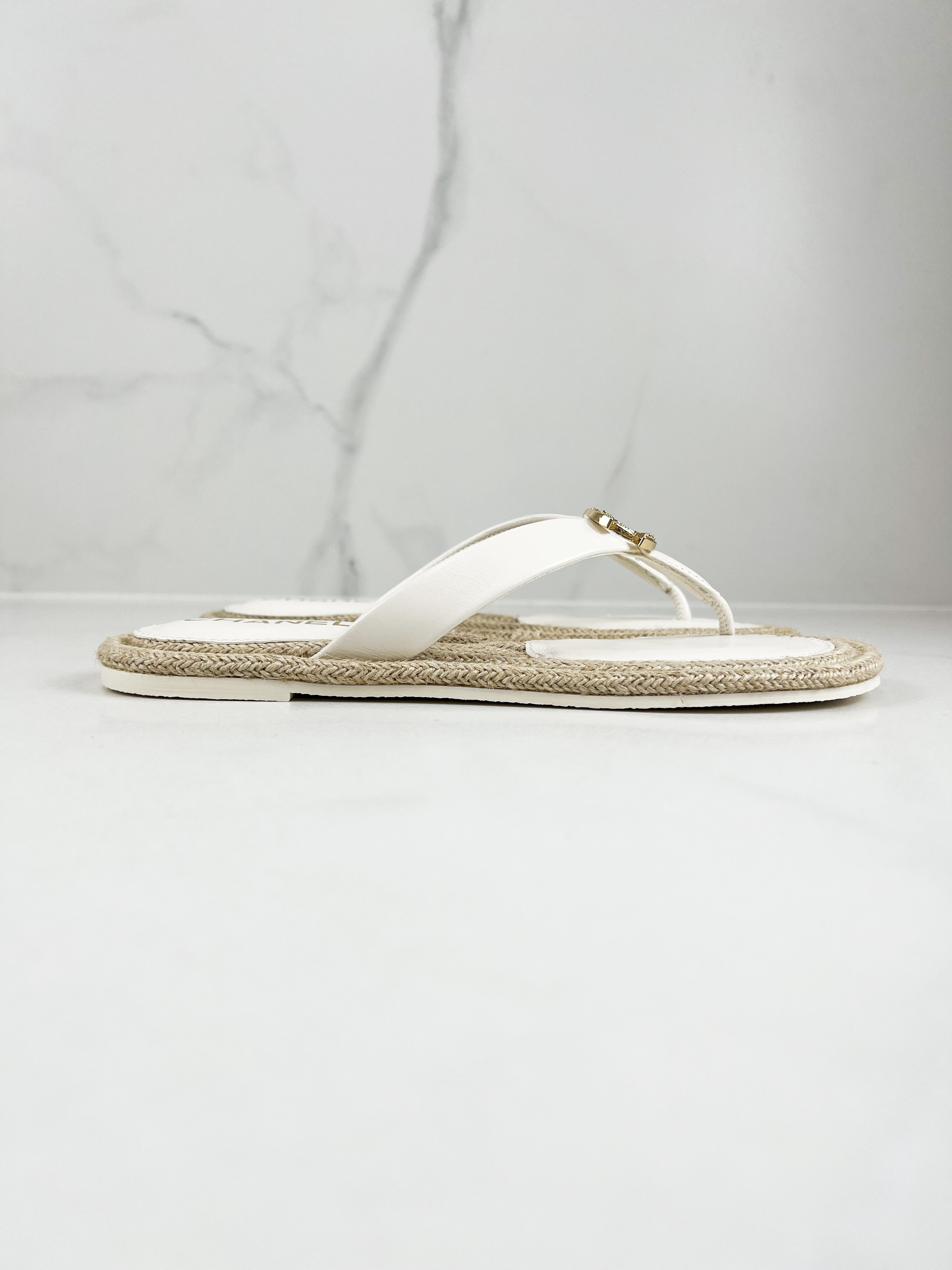 Chanel White Raffia Thong Sandal with CC Logo GHW Size 39