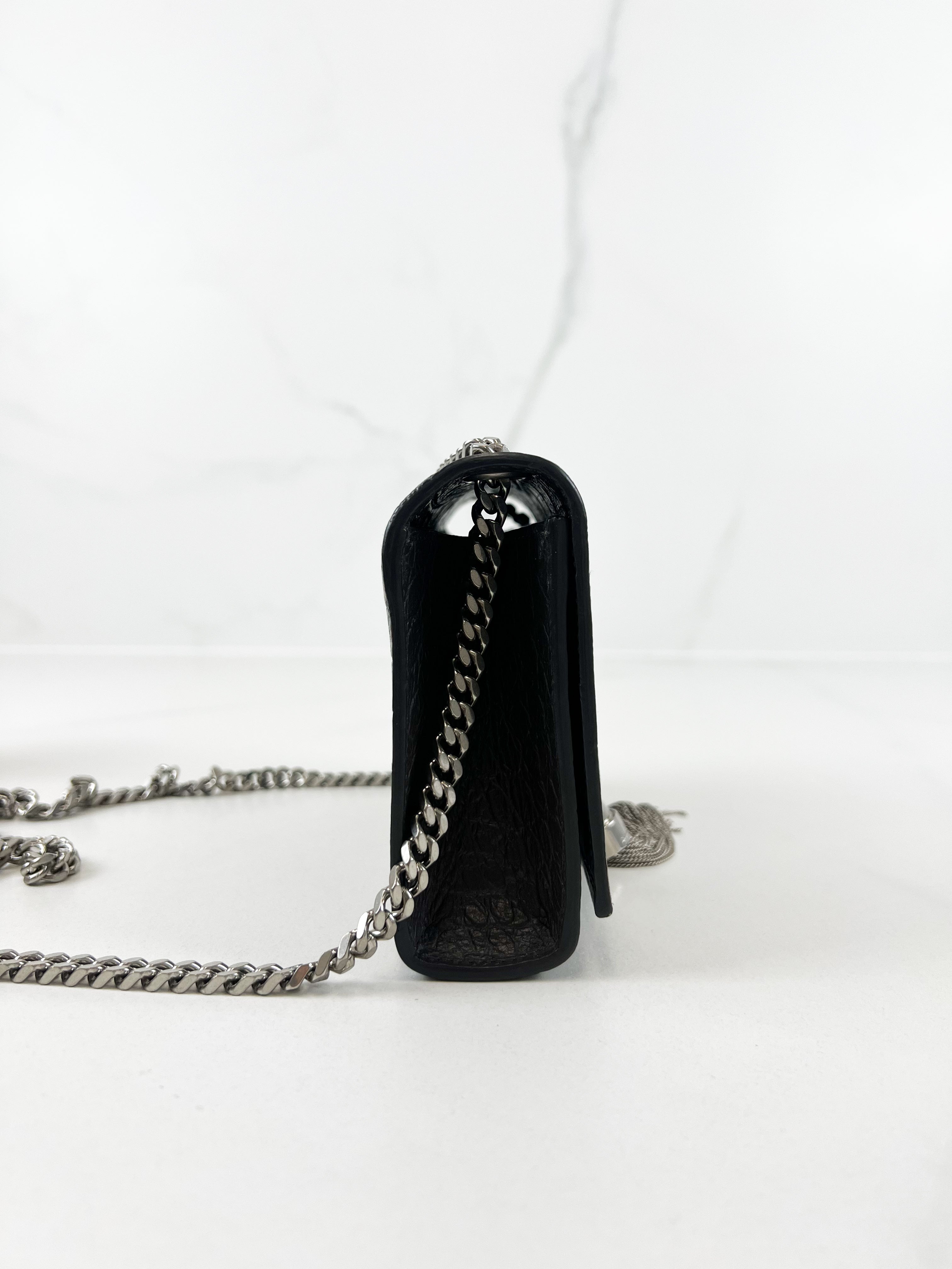 Saint Laurent Mini Kate Croc Embossed with SHW Tassel in Charcoal Brown