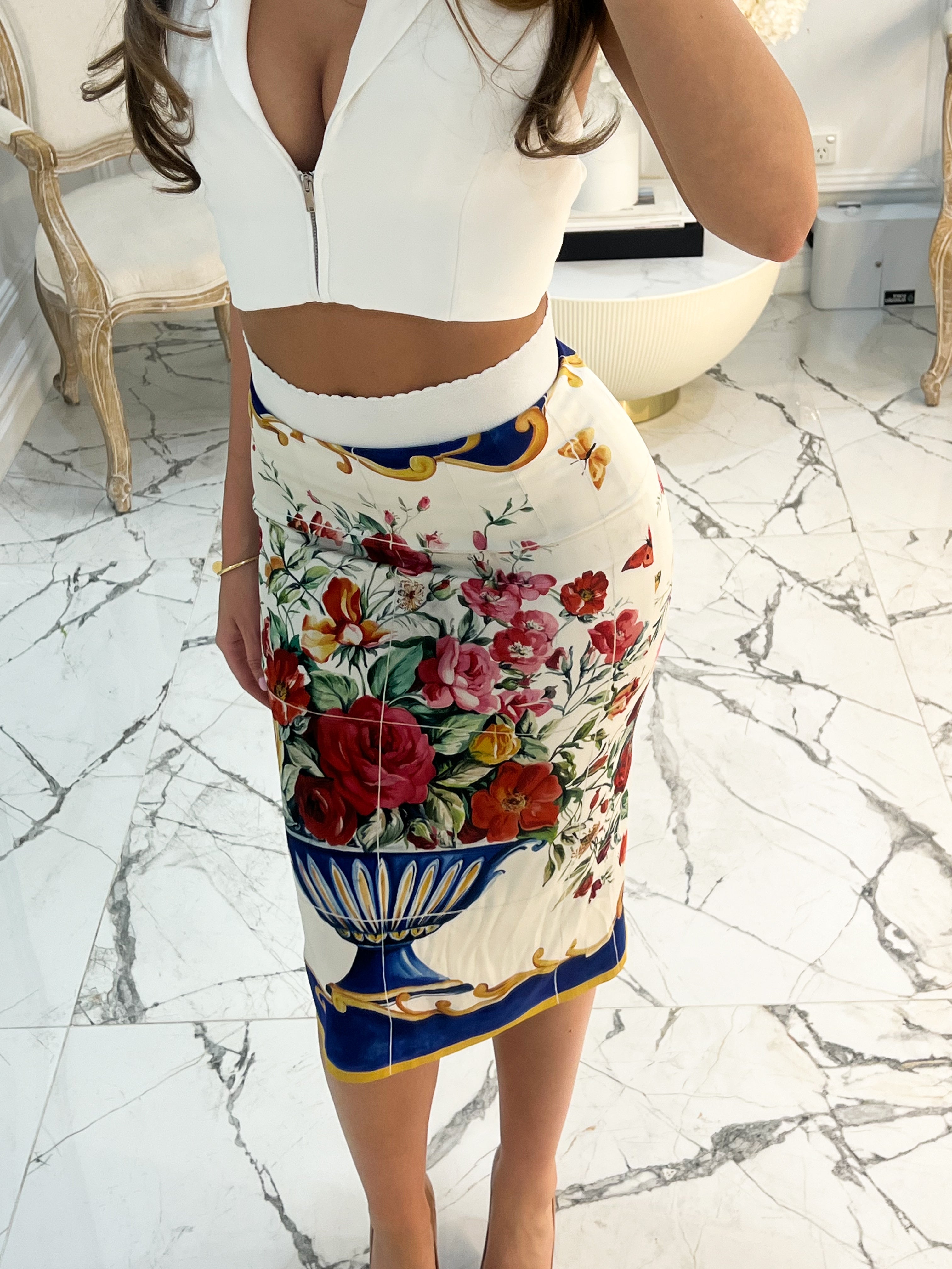 Dolce & Gabbana Multicolour Floral Vase Silk Skirt