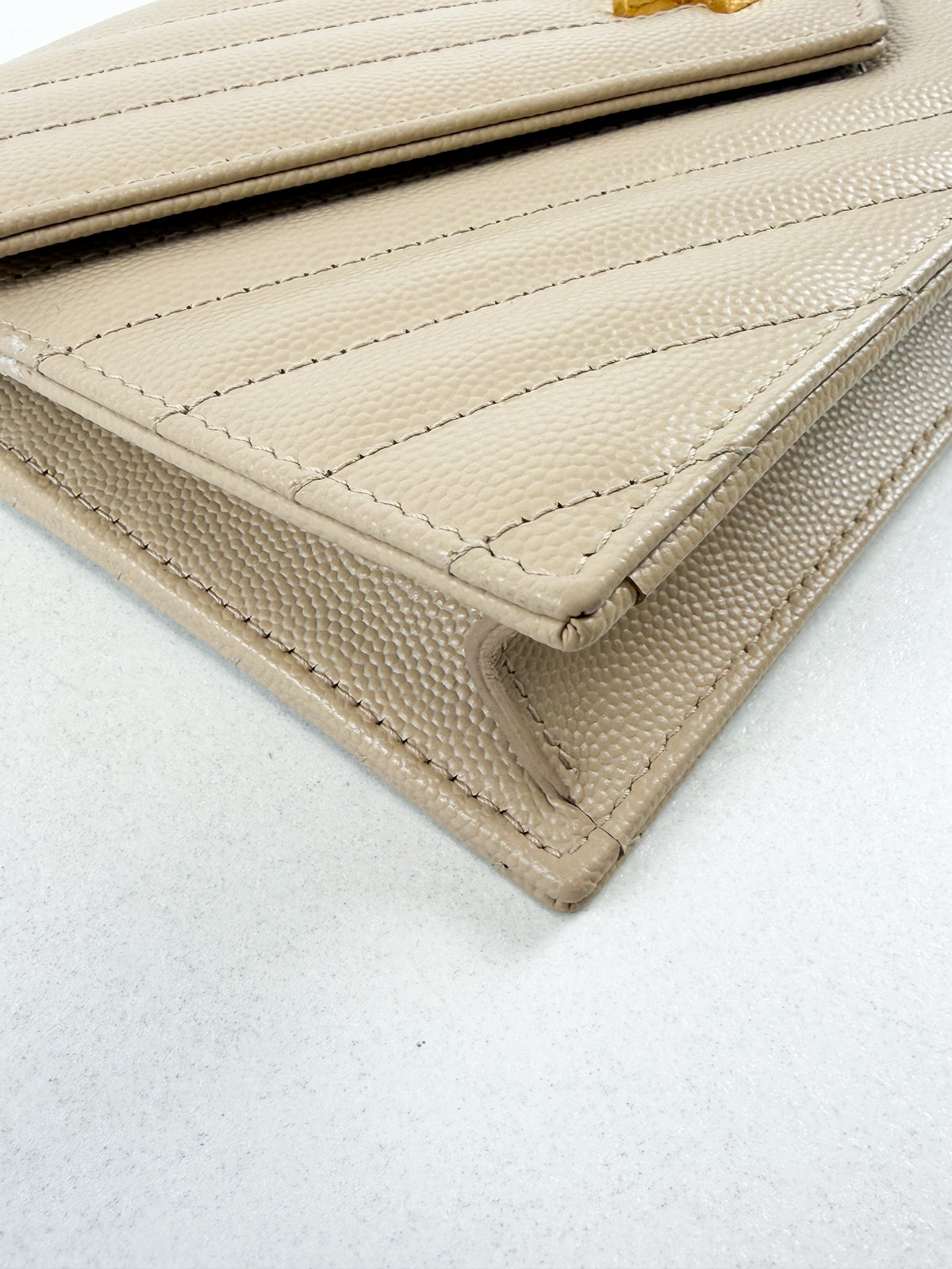 Saint Laurent Dark Beige Cassandre Envelope WOC in Grain De Poudre Leather with GHW