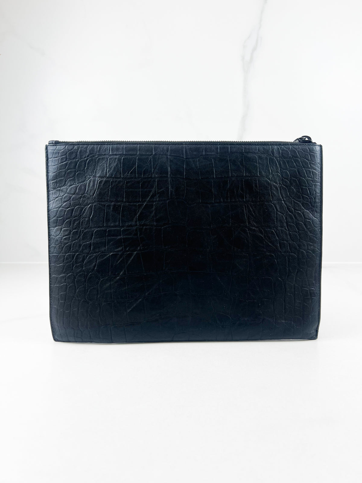 Saint Laurent Croc Embossed Pouch with Black Hardware
