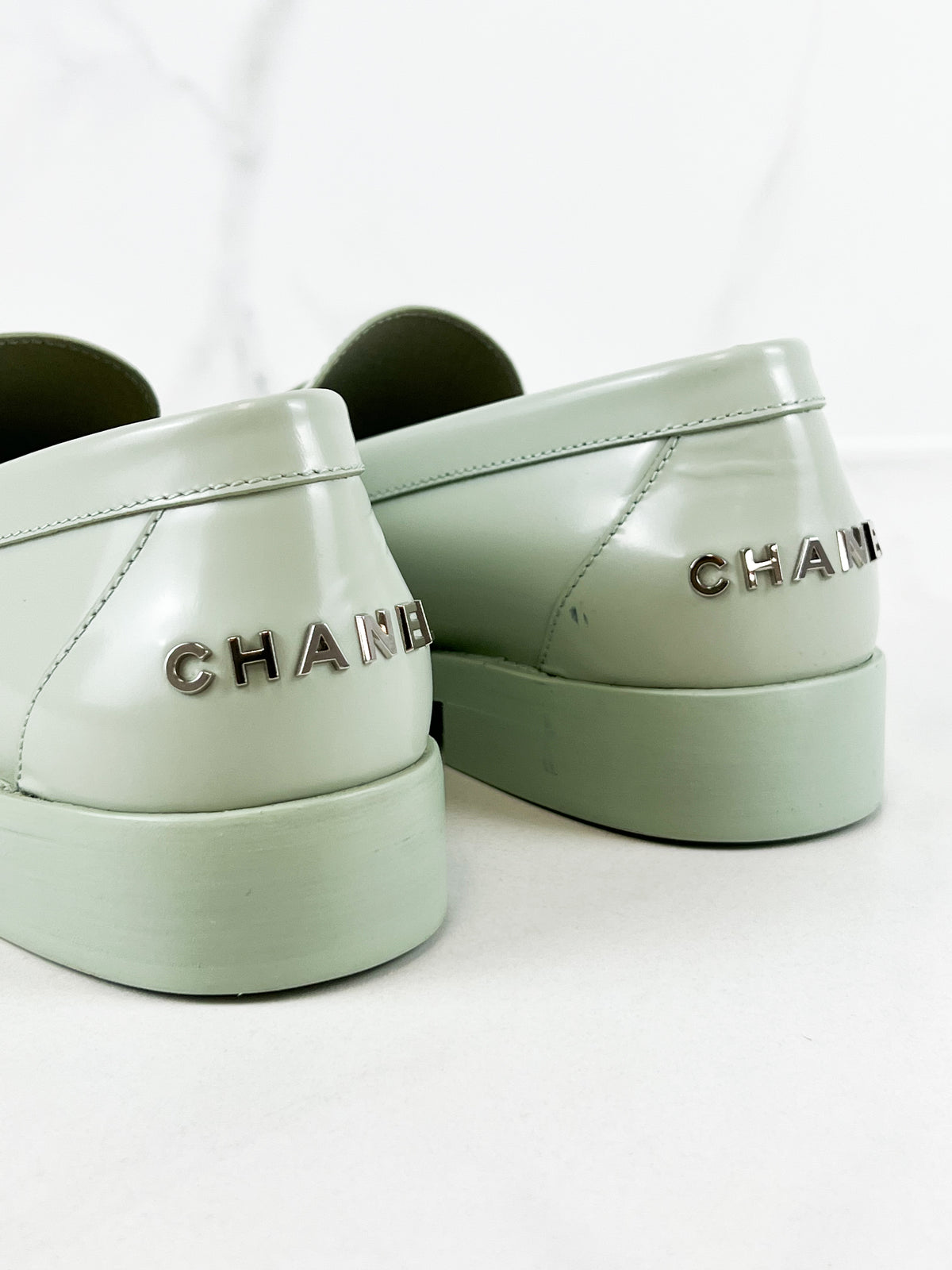 Chanel Patent Calf Skin Pale Green Logo Loafer Size 37.5C