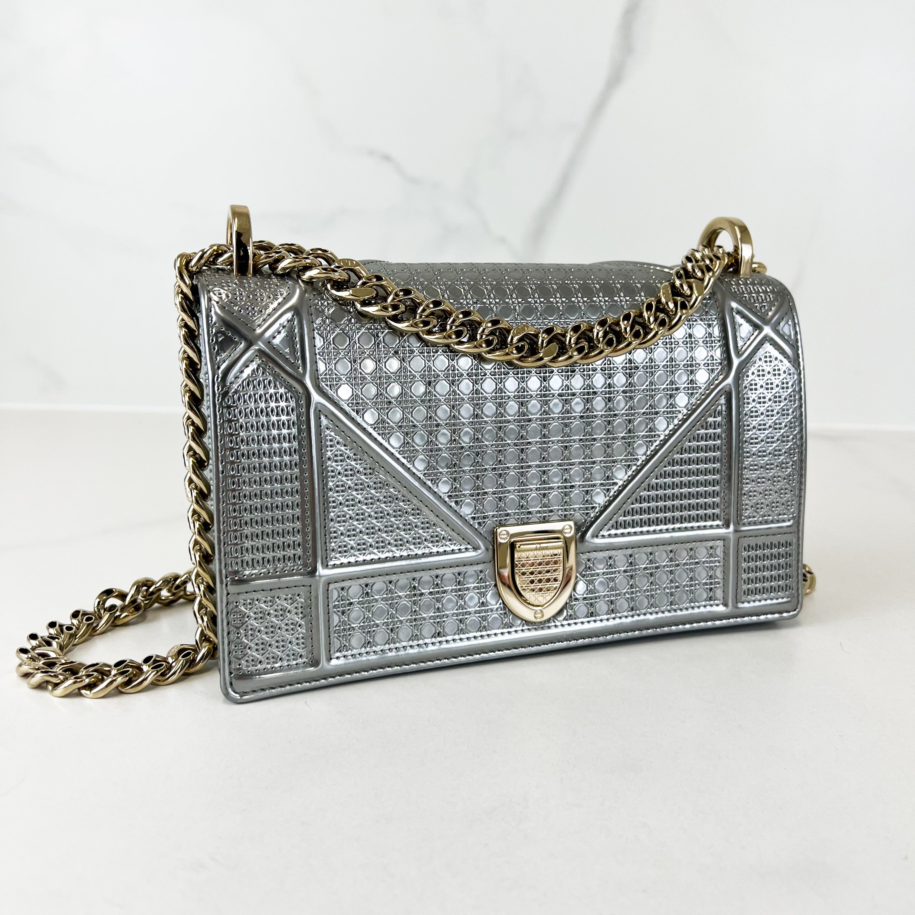 Christian Dior Metallic Silver Small Diorama Shoulder Bag