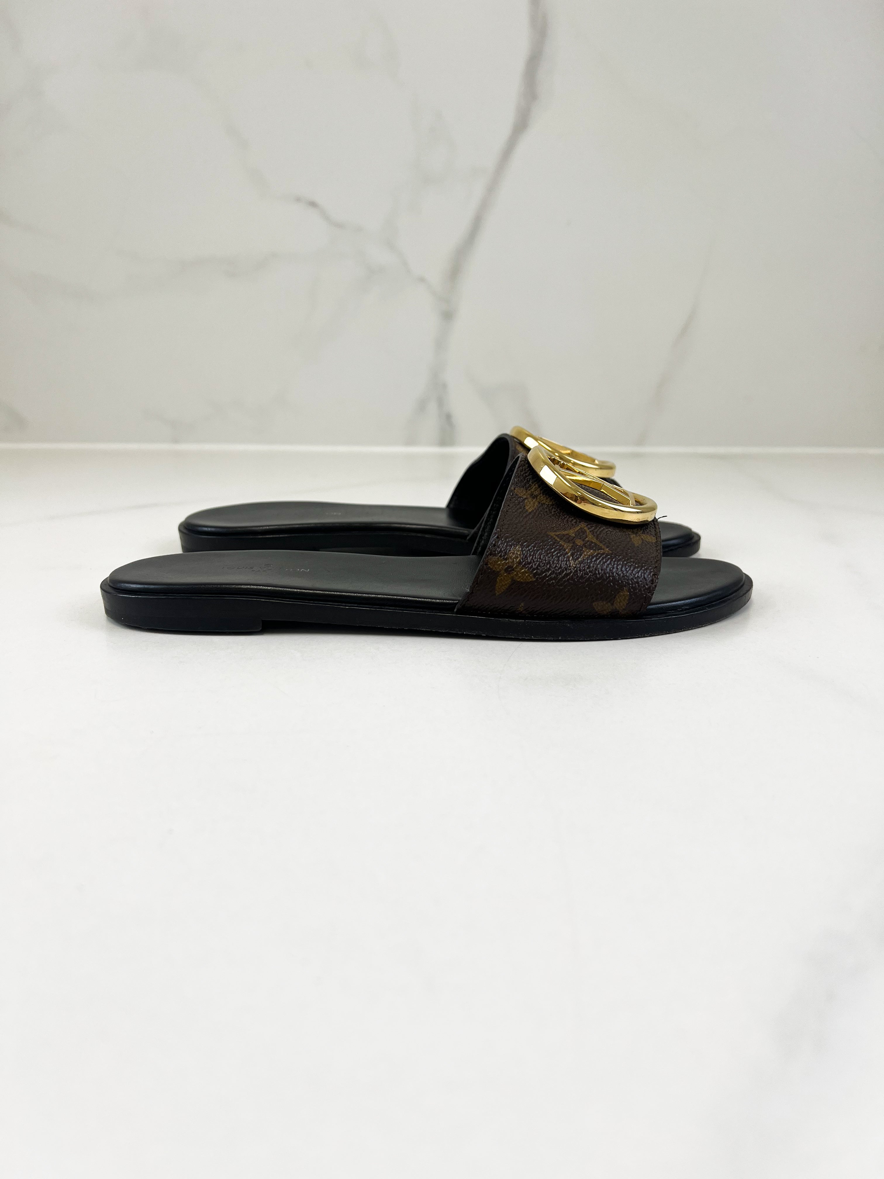 Louis Vuitton Monogram Lock It Flat Slides Size 37