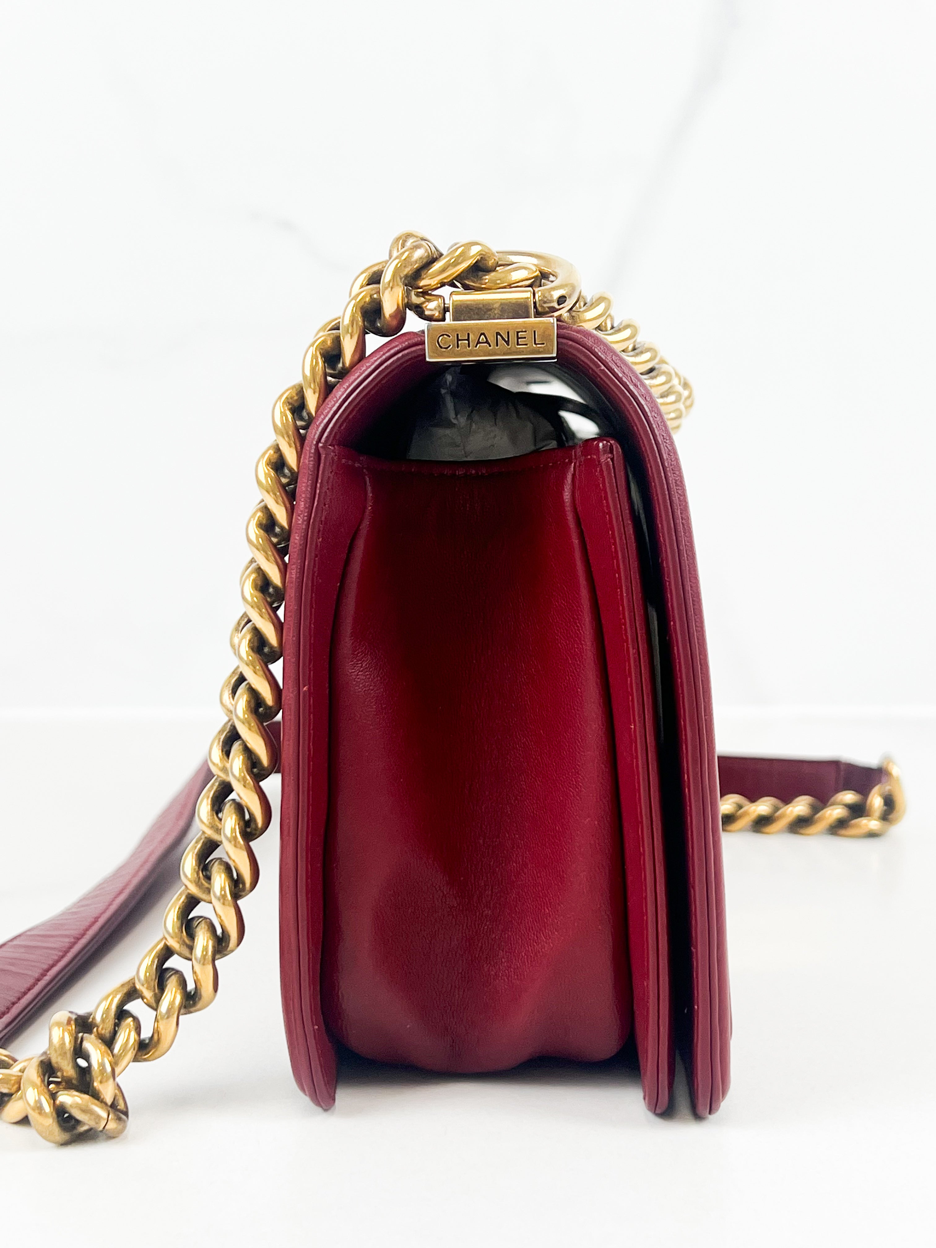 Chanel Old Medium Boy Bag in Red Quilted Calfskin with Gold Hardware