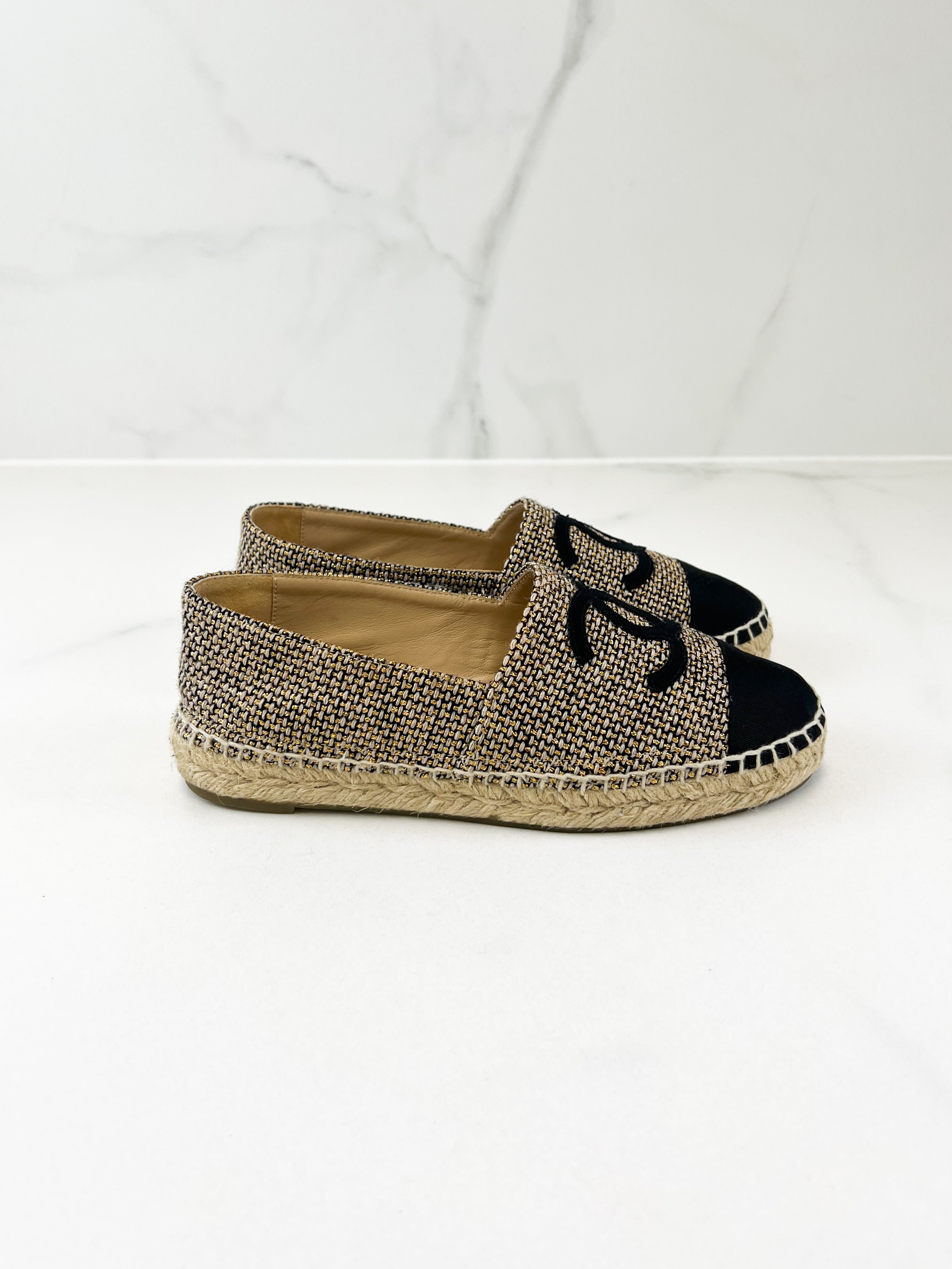 Chanel CC Gold & Black Fabric Espadrille Size 37