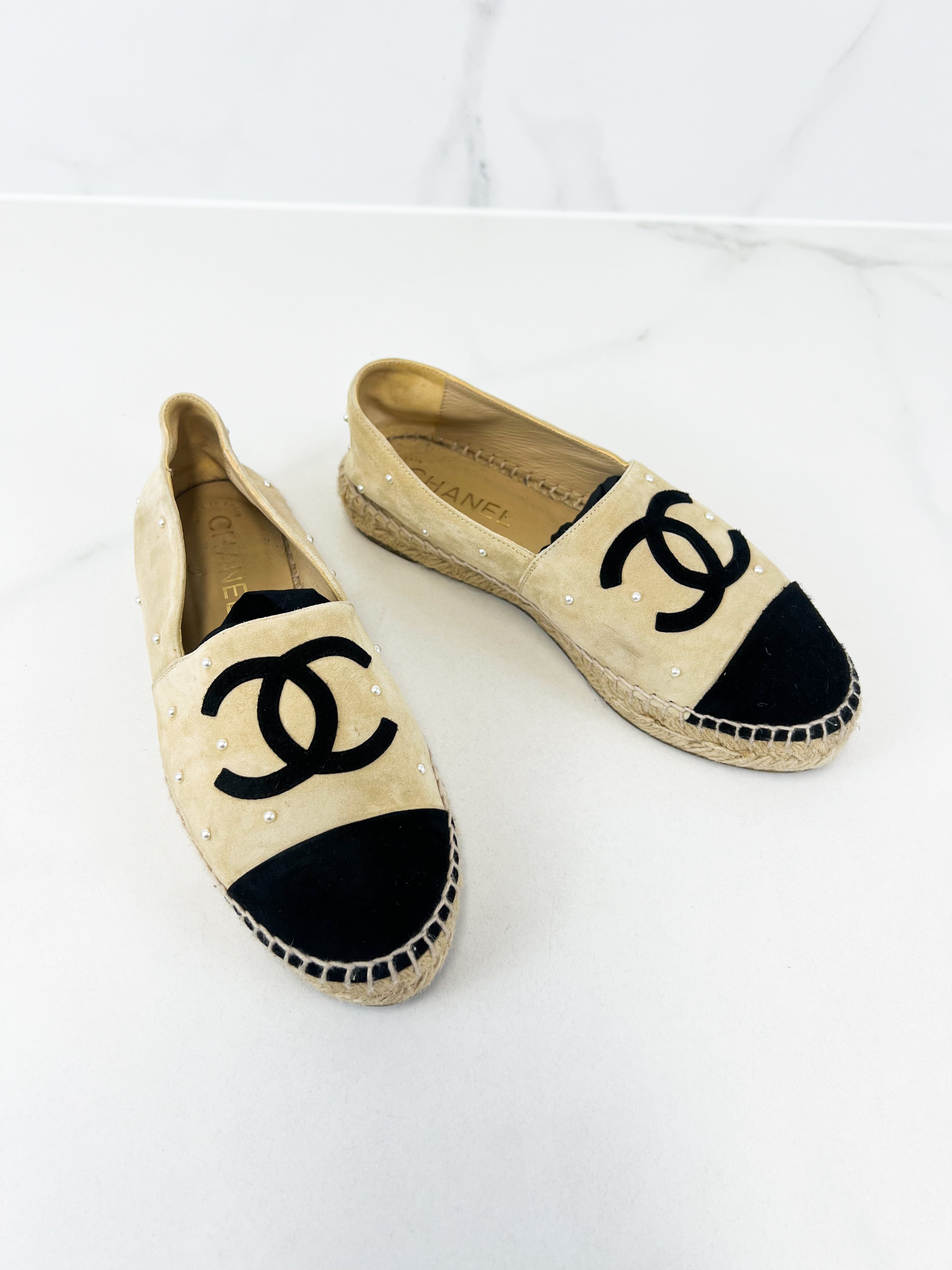 Chanel CC Logo Suede Beige Espadrilles Size 37