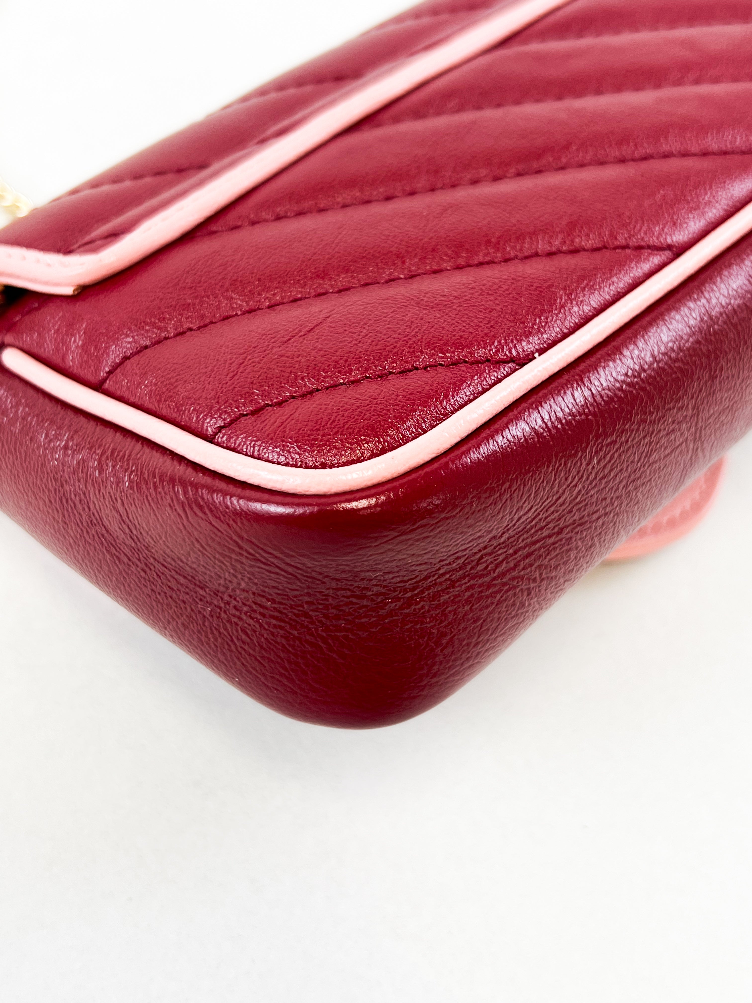 Gucci Super Mini Marmont in Red/Burgundy Matelassé Leather with Light Pink Piping