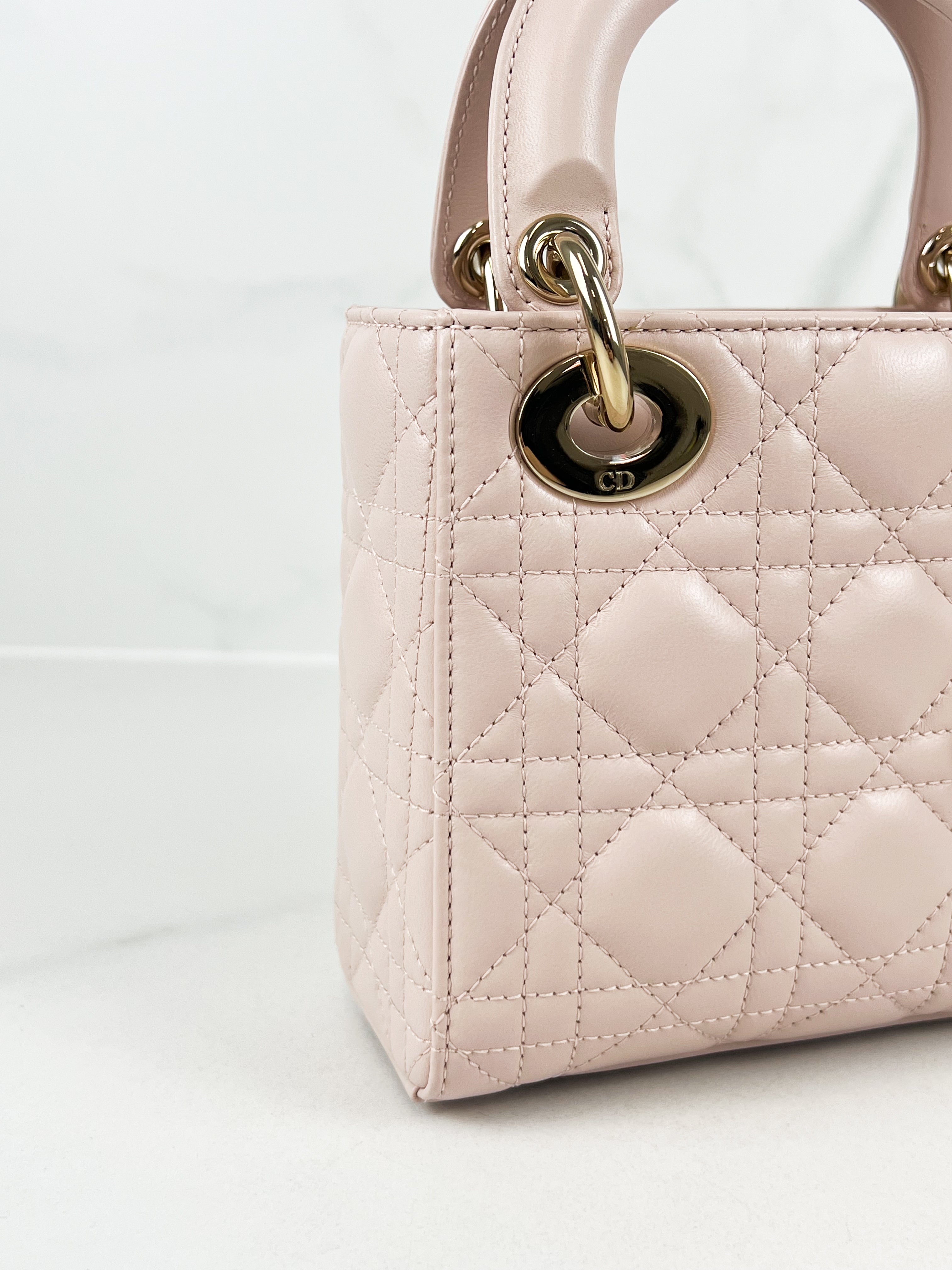 Christian Dior Mini Lady Dior Cannage Leather in Powder Pink