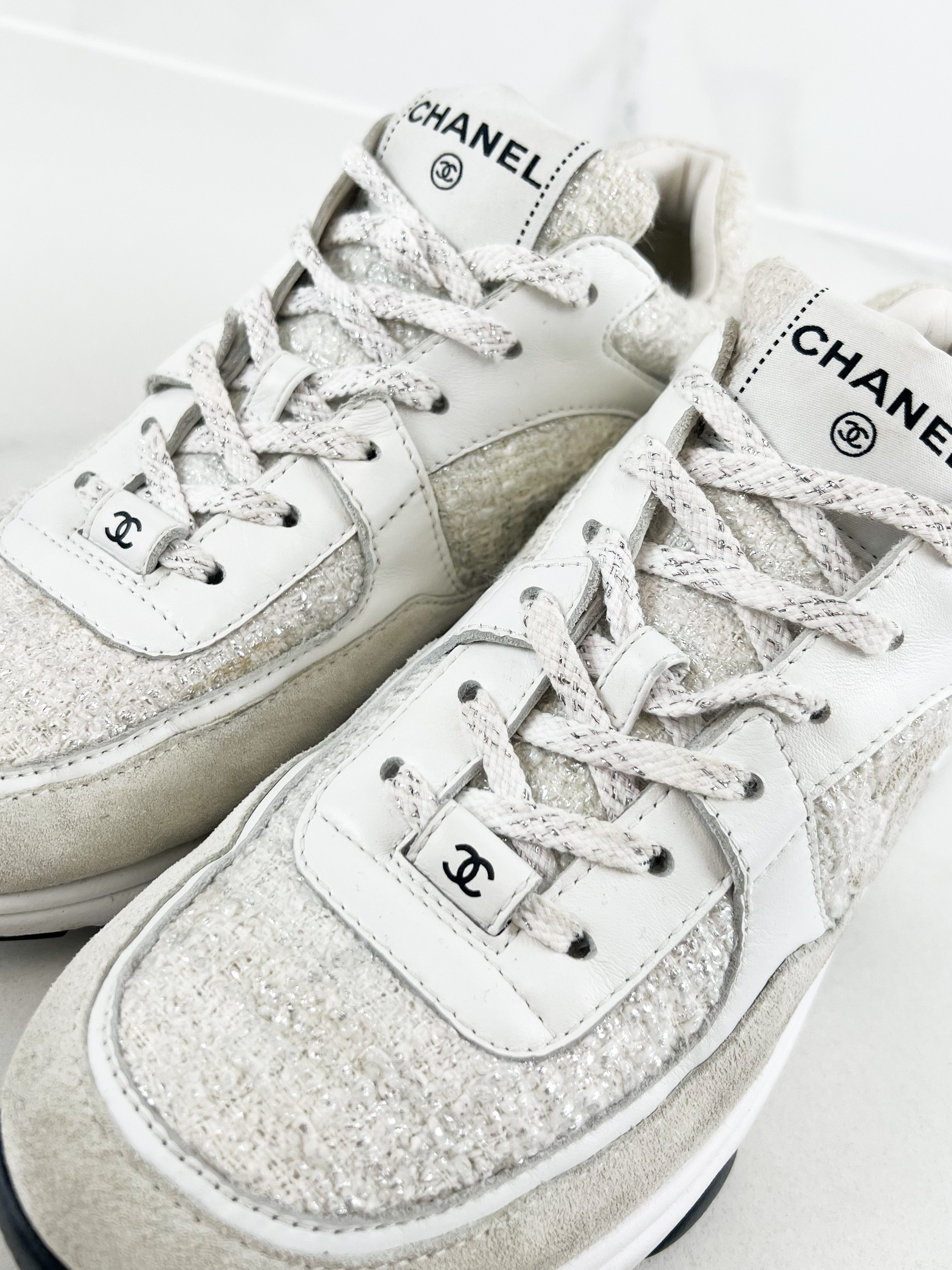 Chanel Painted Iridescent Cotton Tweed Suede CC Sneakers Size 40