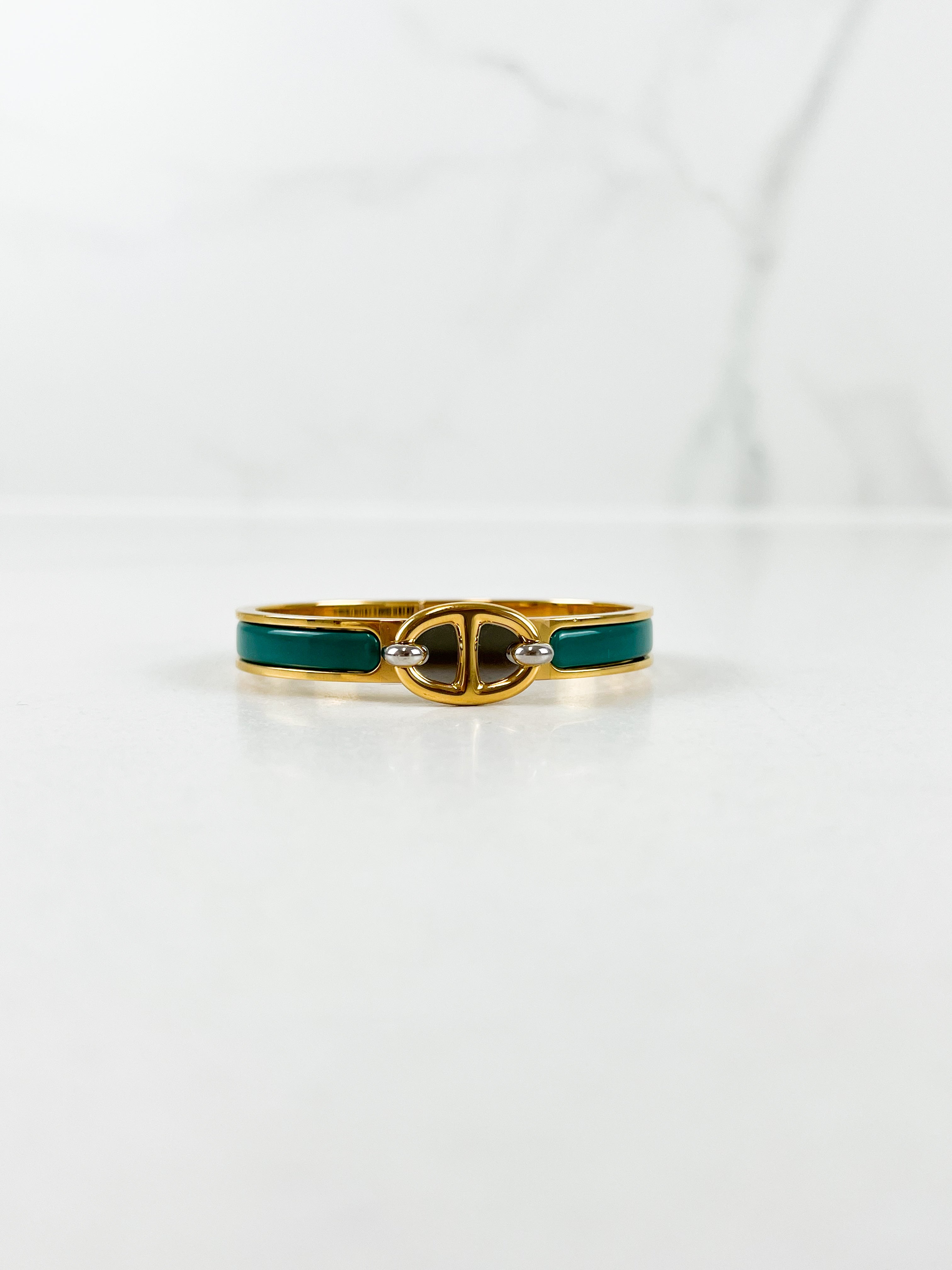 Hermès Mini Clic Chaîne d'Ancre Enamel Bracelet in Gold / Vert Bleuet