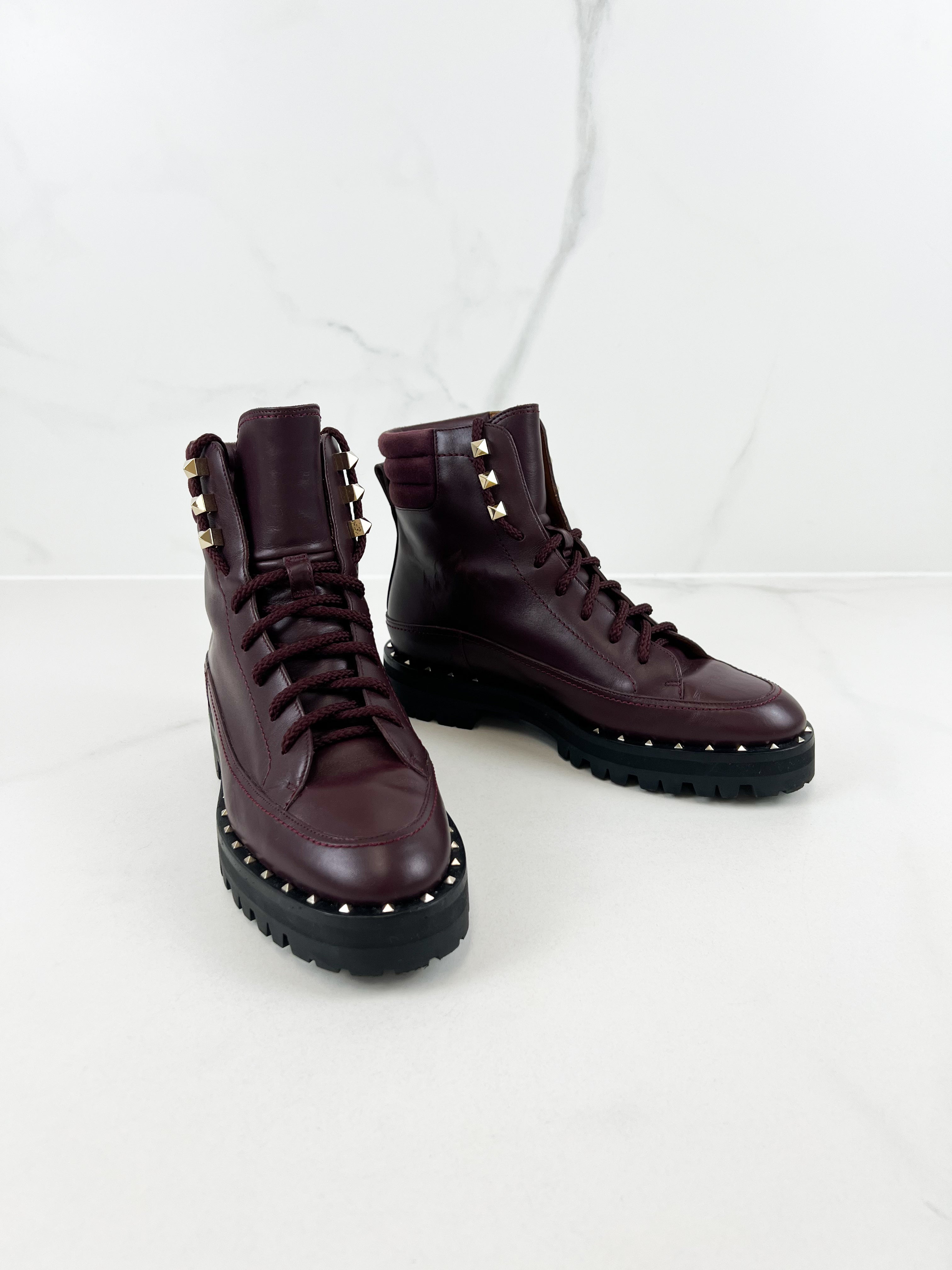 Valentino Garavani Rockstud Leather Combat Boots in Burgundy Size 36