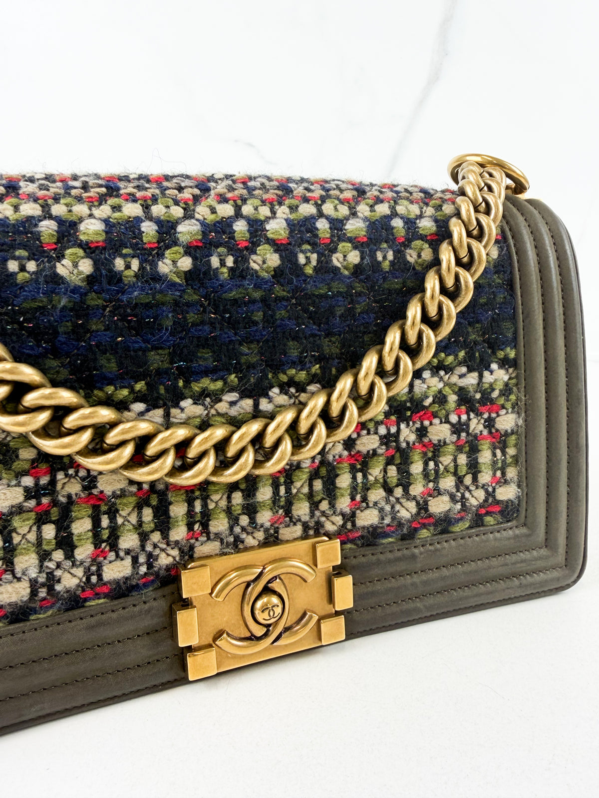 Chanel Khaki Fantasy Tweed Medium Boy Bag