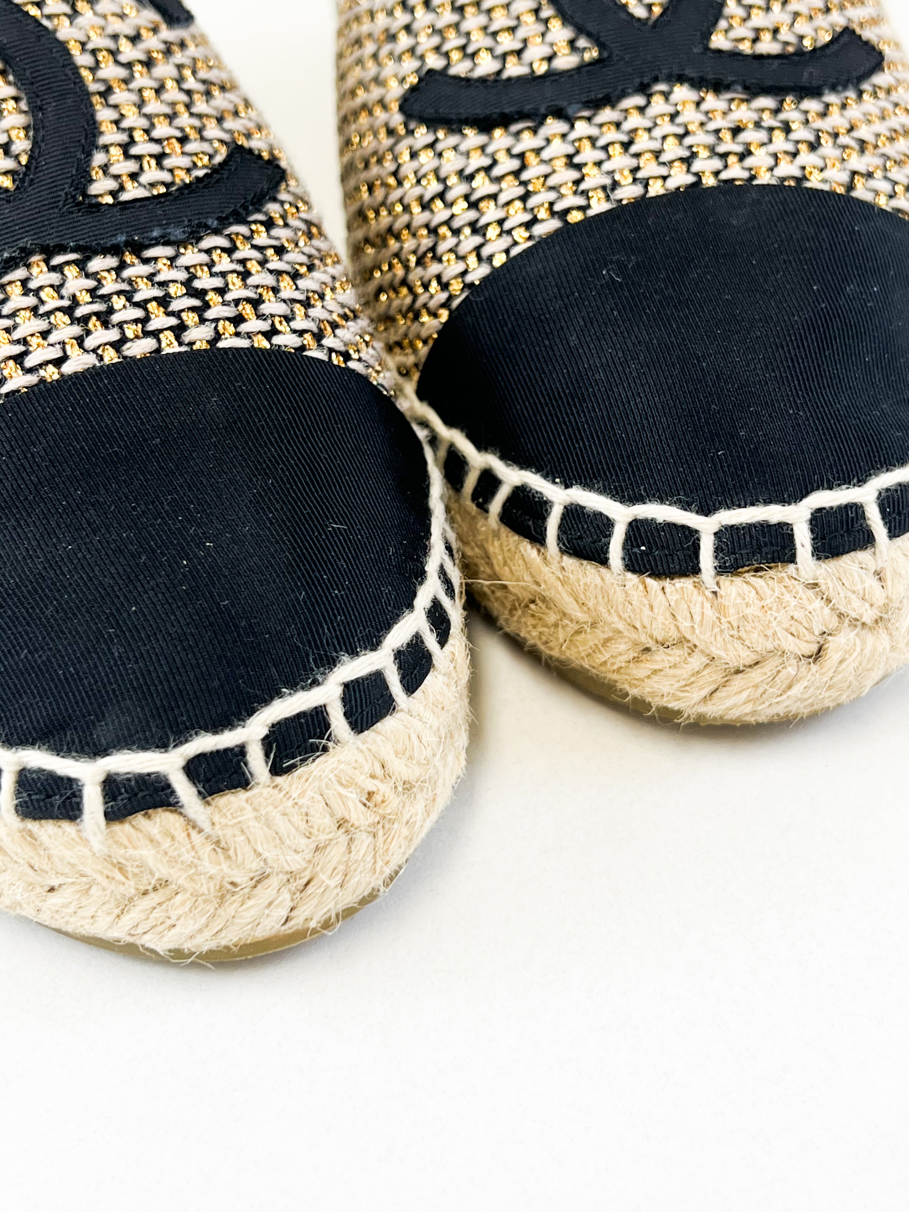 Chanel CC Gold & Black Fabric Espadrille Size 37