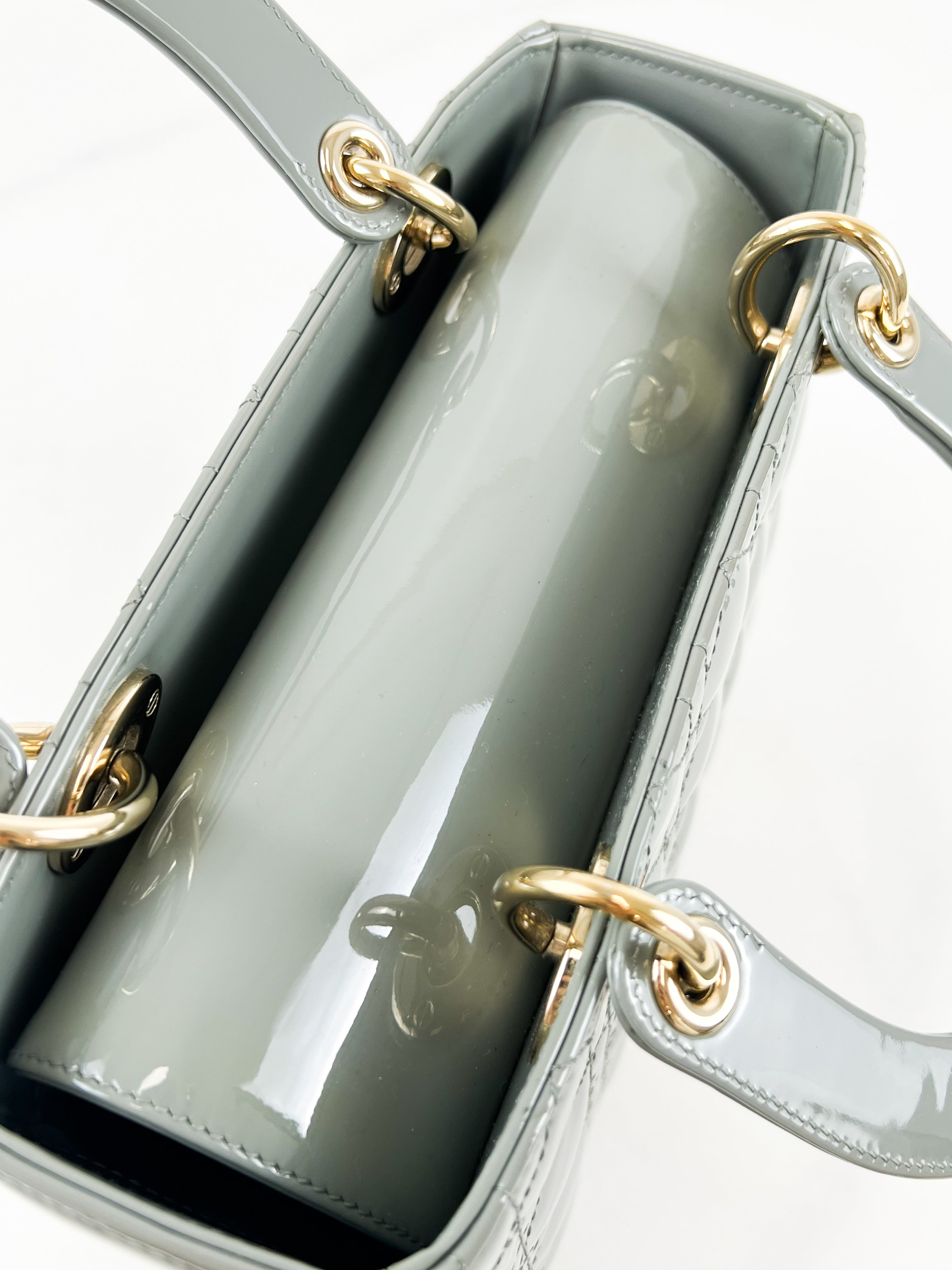 Christian Dior Medium Lady Dior In Grey Patent with GHW
