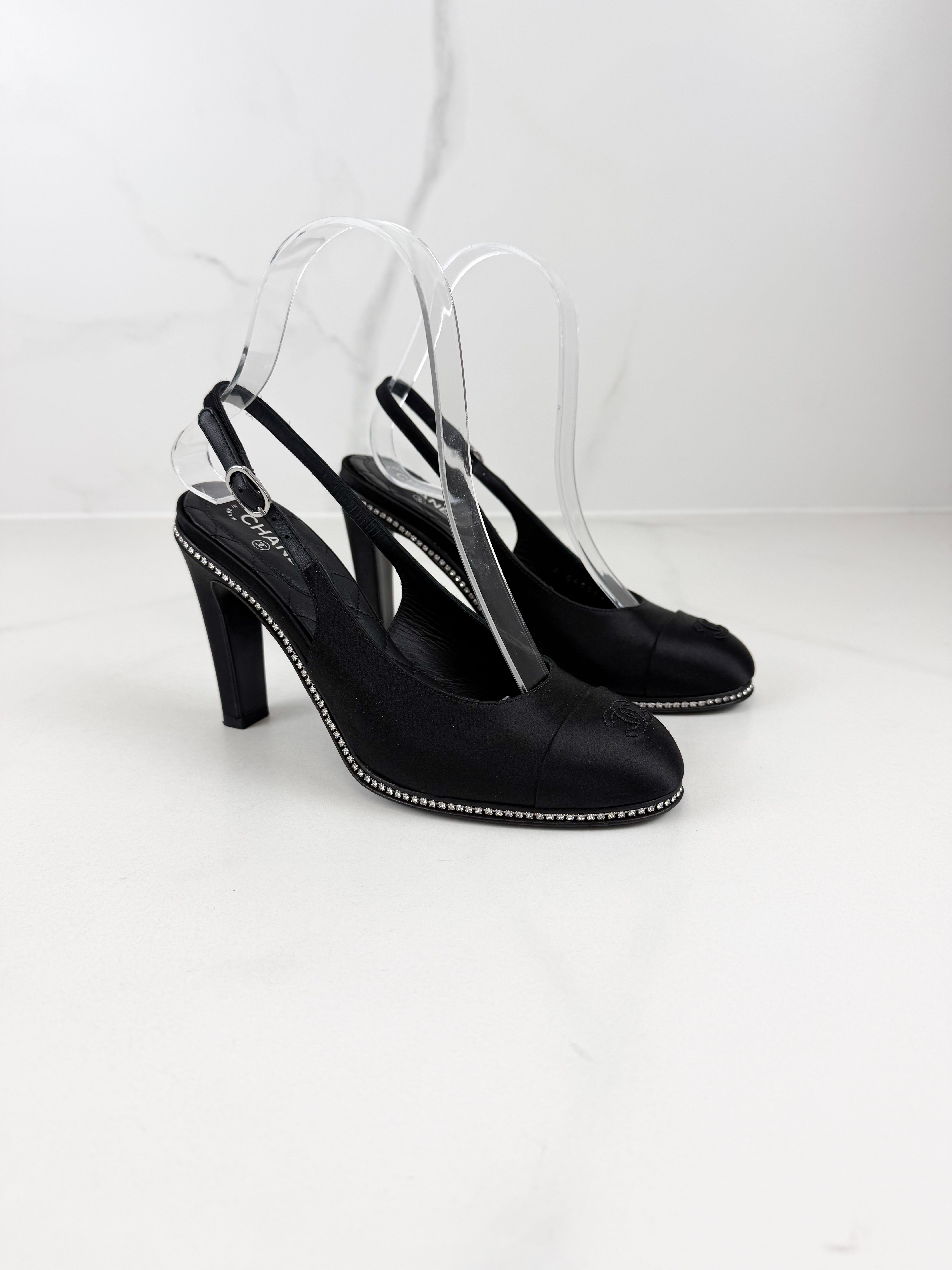 Chanel CC Logo Black Satin Slingback Pumps with Rhinestone Trim Size 36C