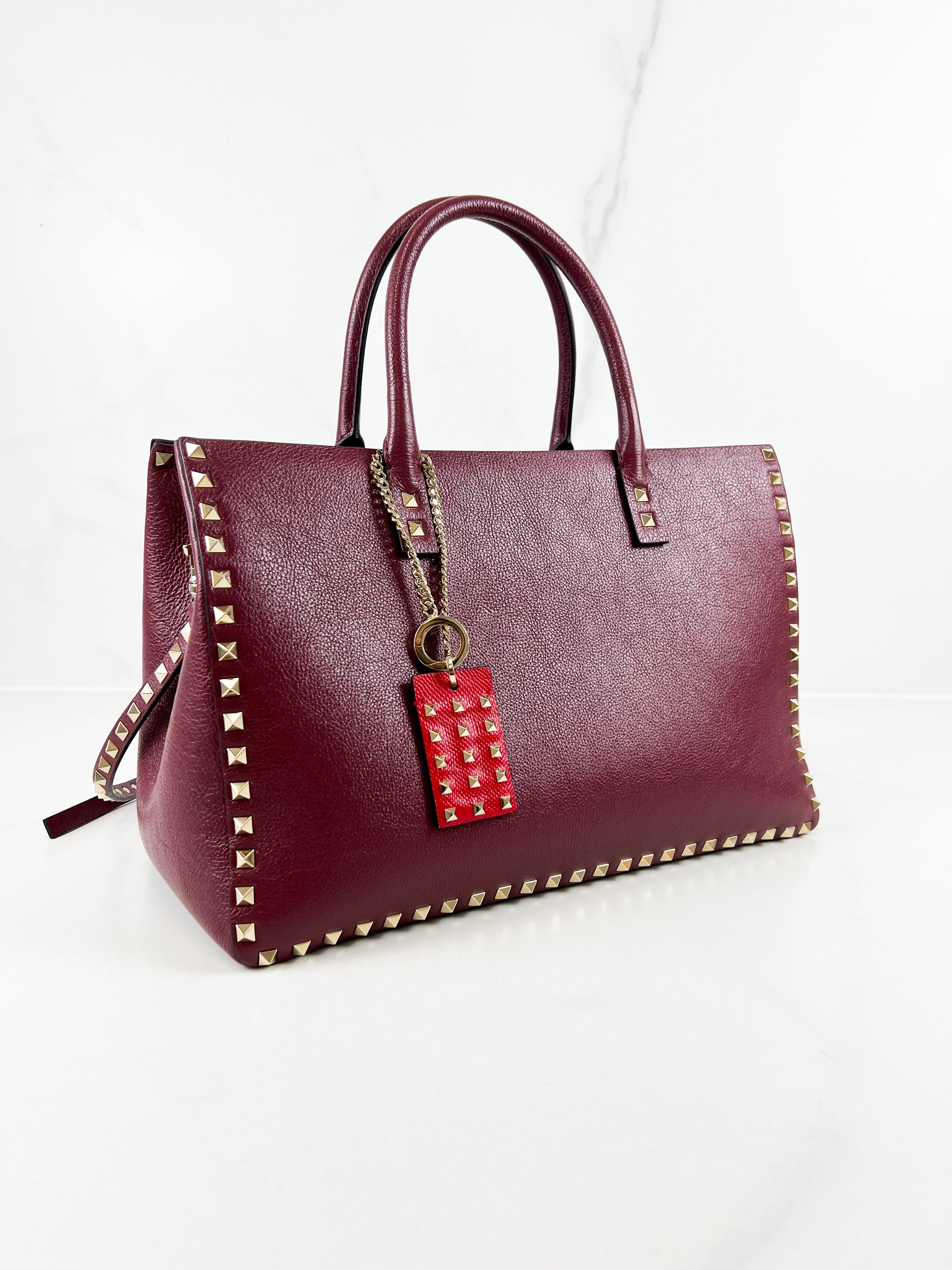 Valentino Garavani Burgundy Rockstud Leather Tote