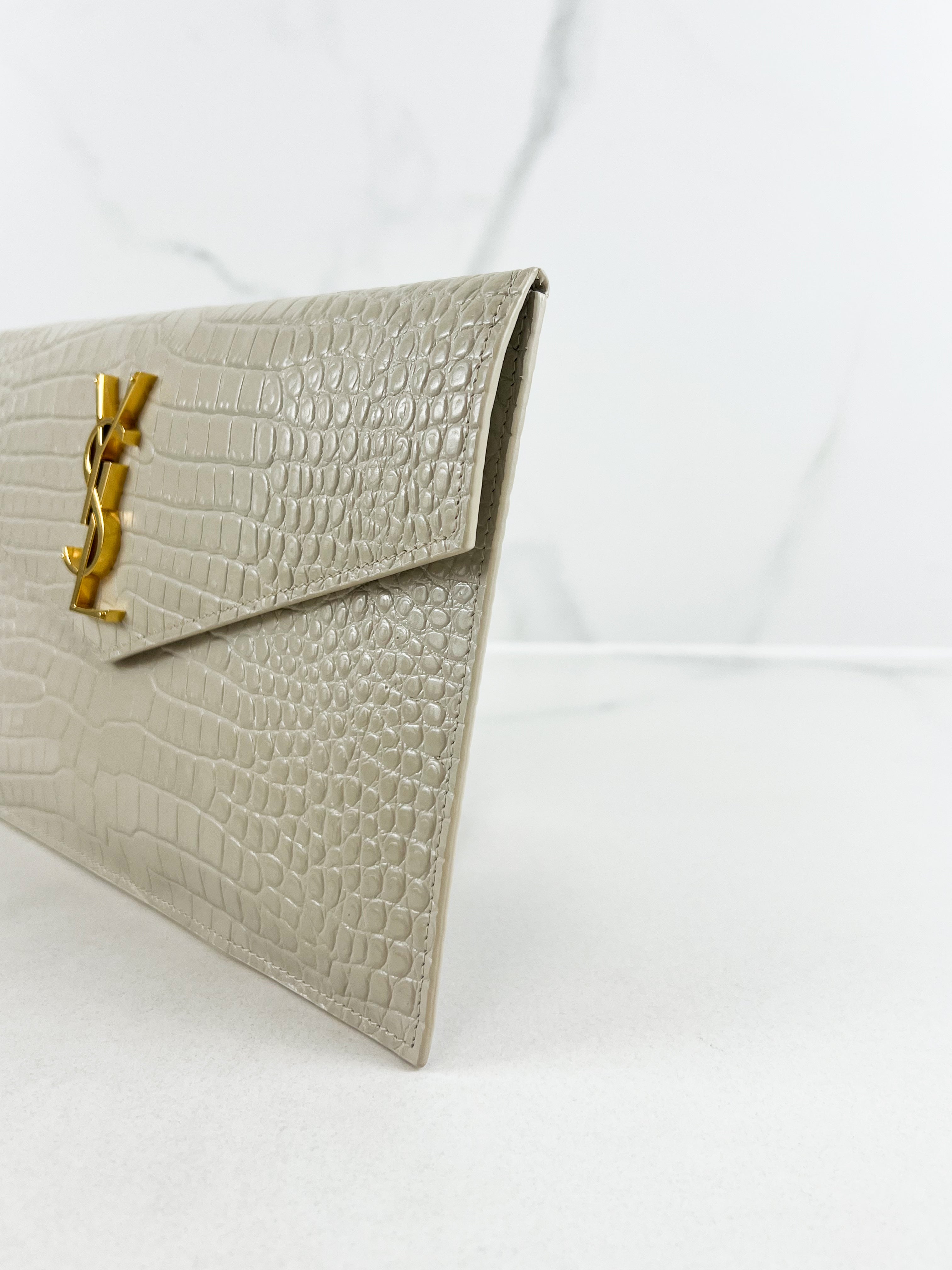 Saint Laurent Beige Uptown Pouch in Crema Soft Croc-Effect Leather