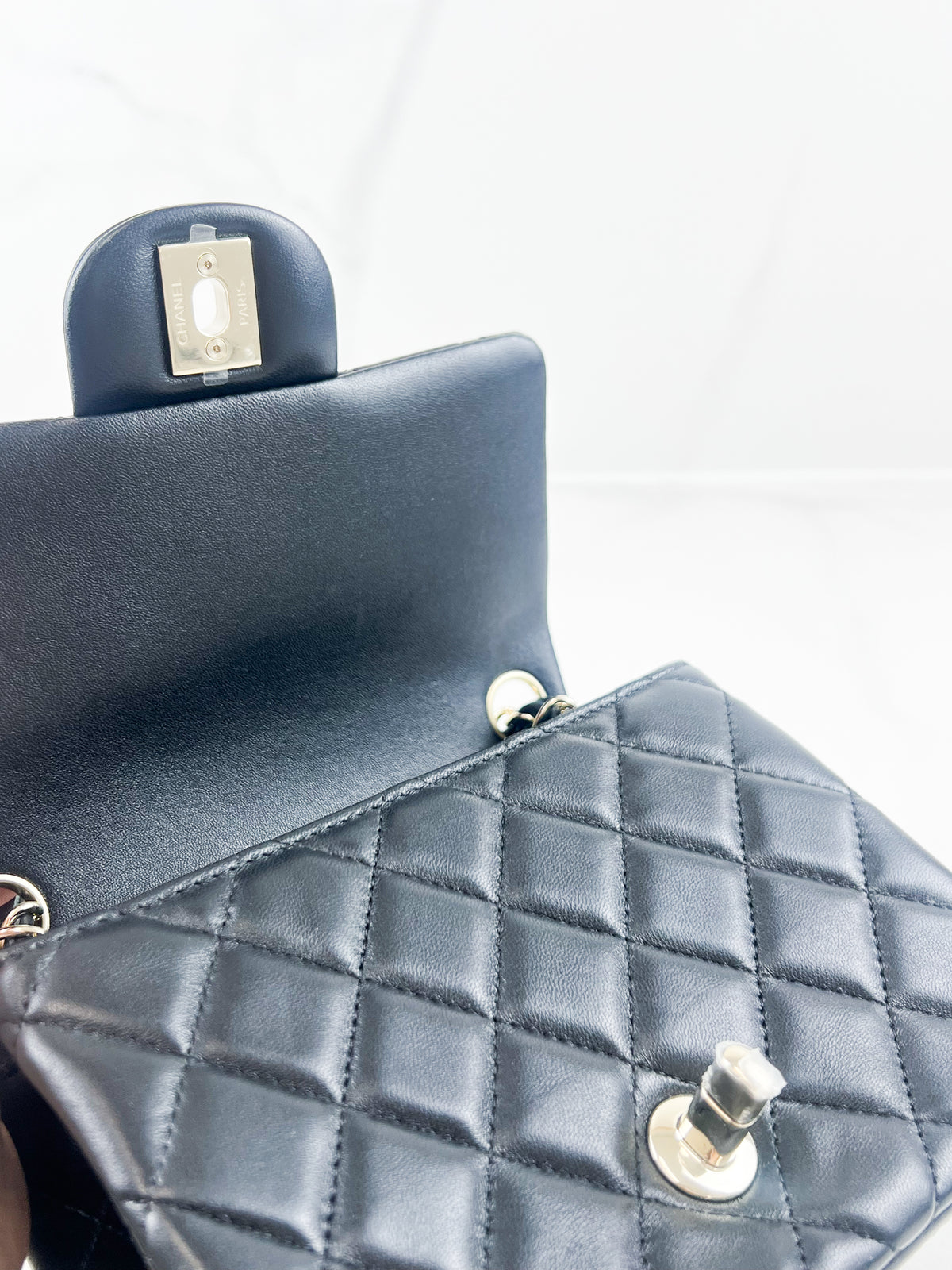 Chanel Mini Square in Black Lambskin with Champagne Hardware