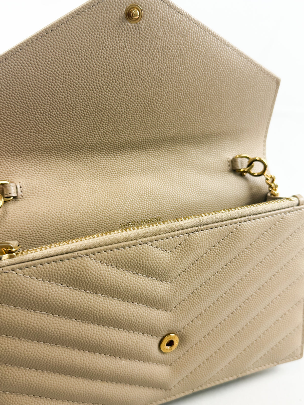 Saint Laurent Dark Beige Cassandre Envelope WOC in Grain De Poudre Leather with GHW