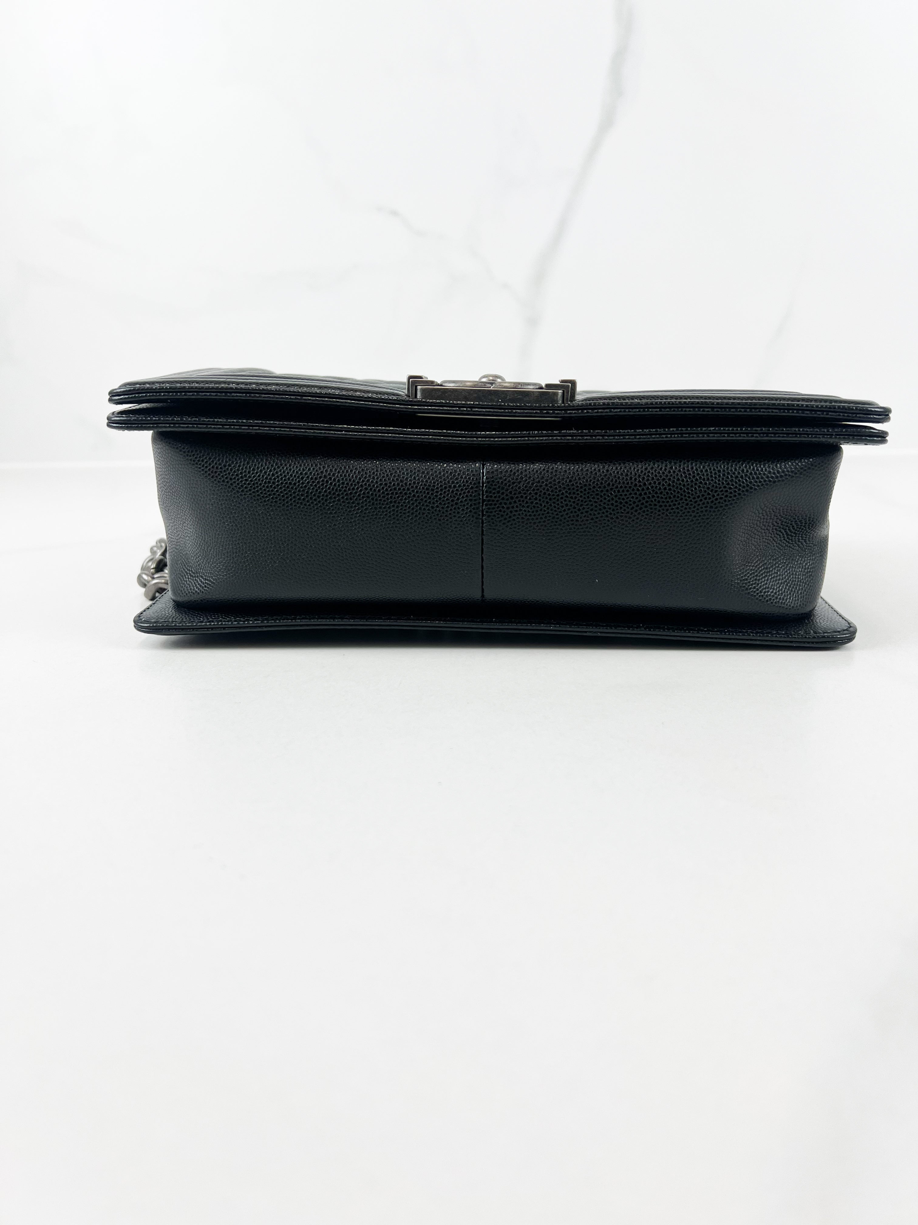 Chanel Old Medium Boy Bag in Black Quilted Caviar with Ruthenium Hardware
