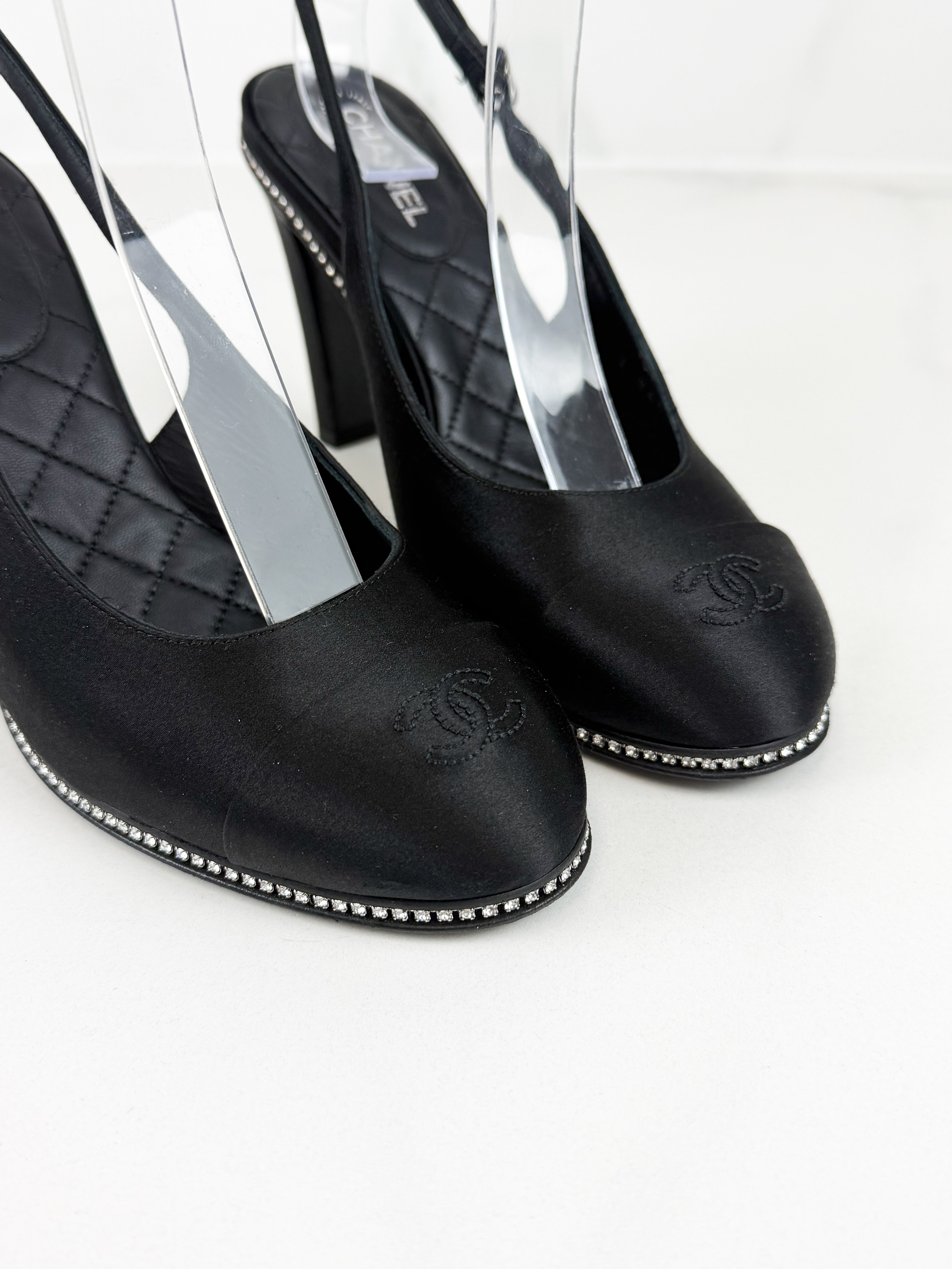 Chanel CC Logo Black Satin Slingback Pumps with Rhinestone Trim Size 36C