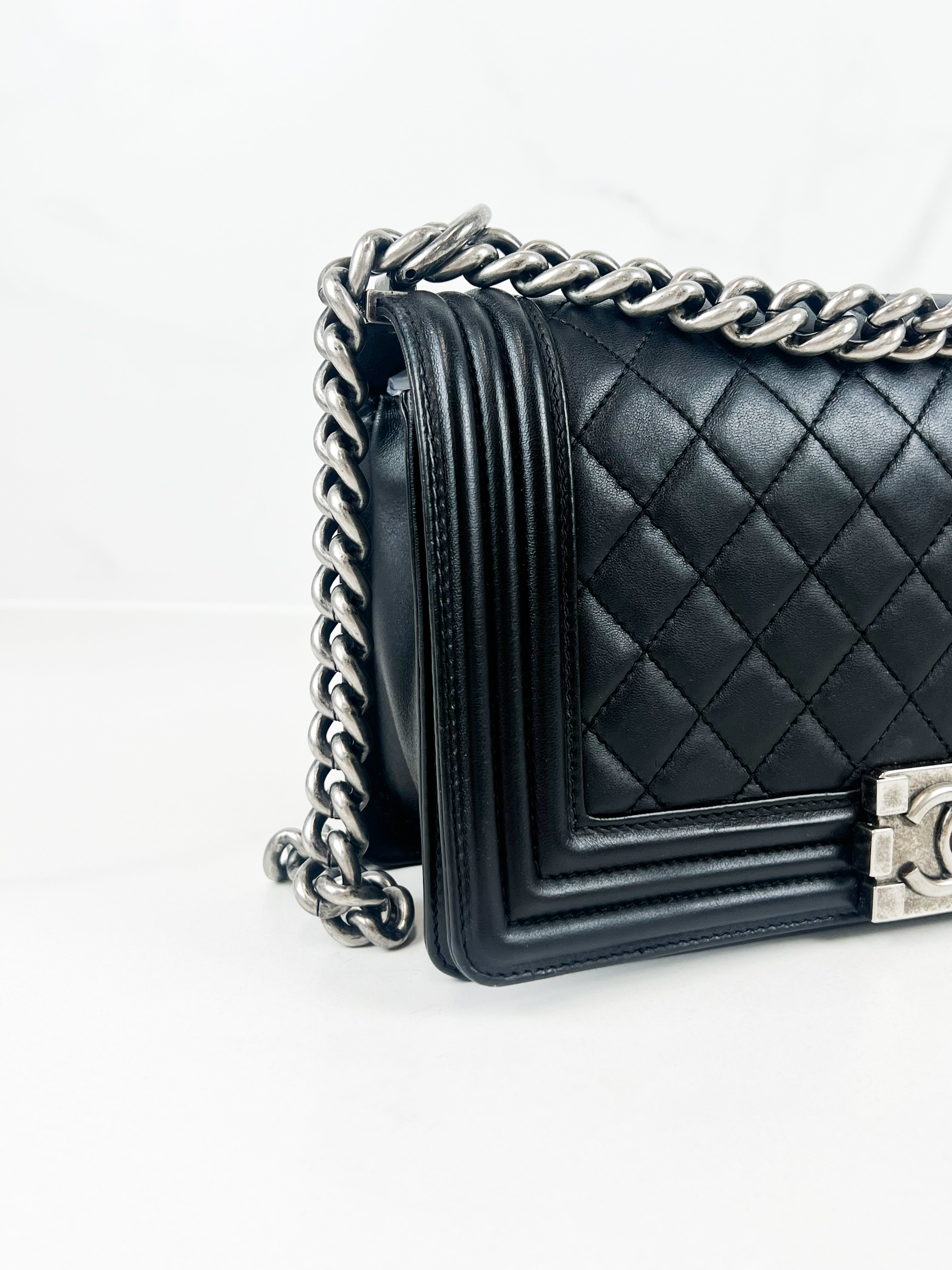 Chanel Old Medium Boy Bag in Black Quilted Lambskin with Ruthenium Hardware