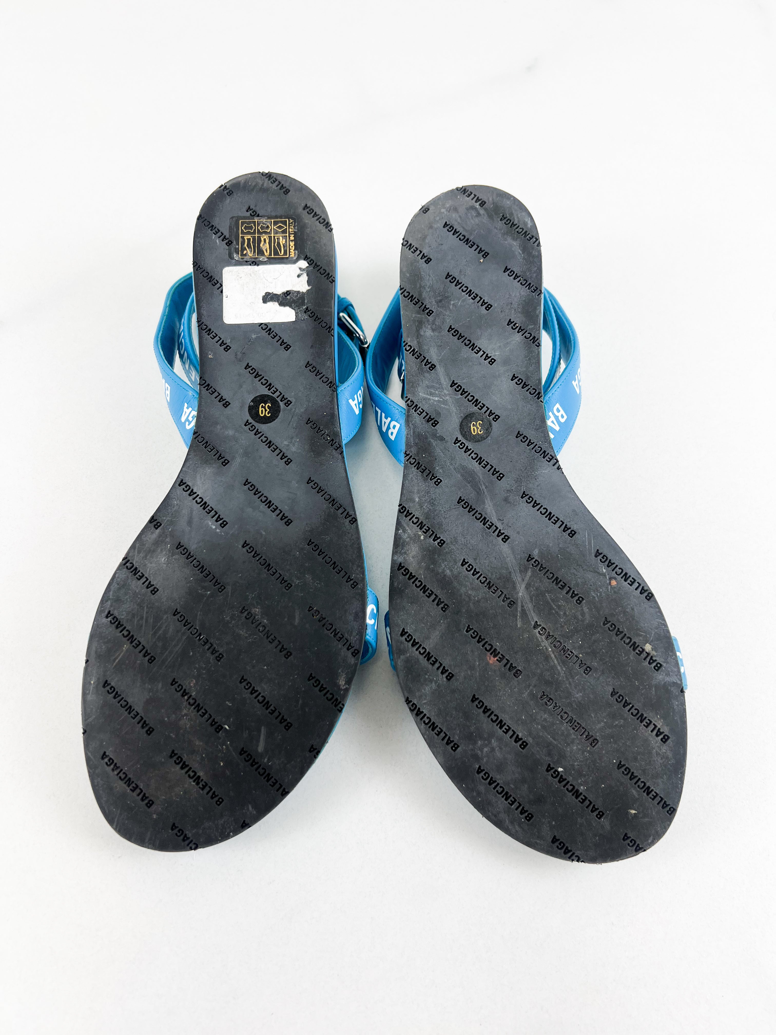 Balenciaga Blue Leather Flat Strap Slides Size 39