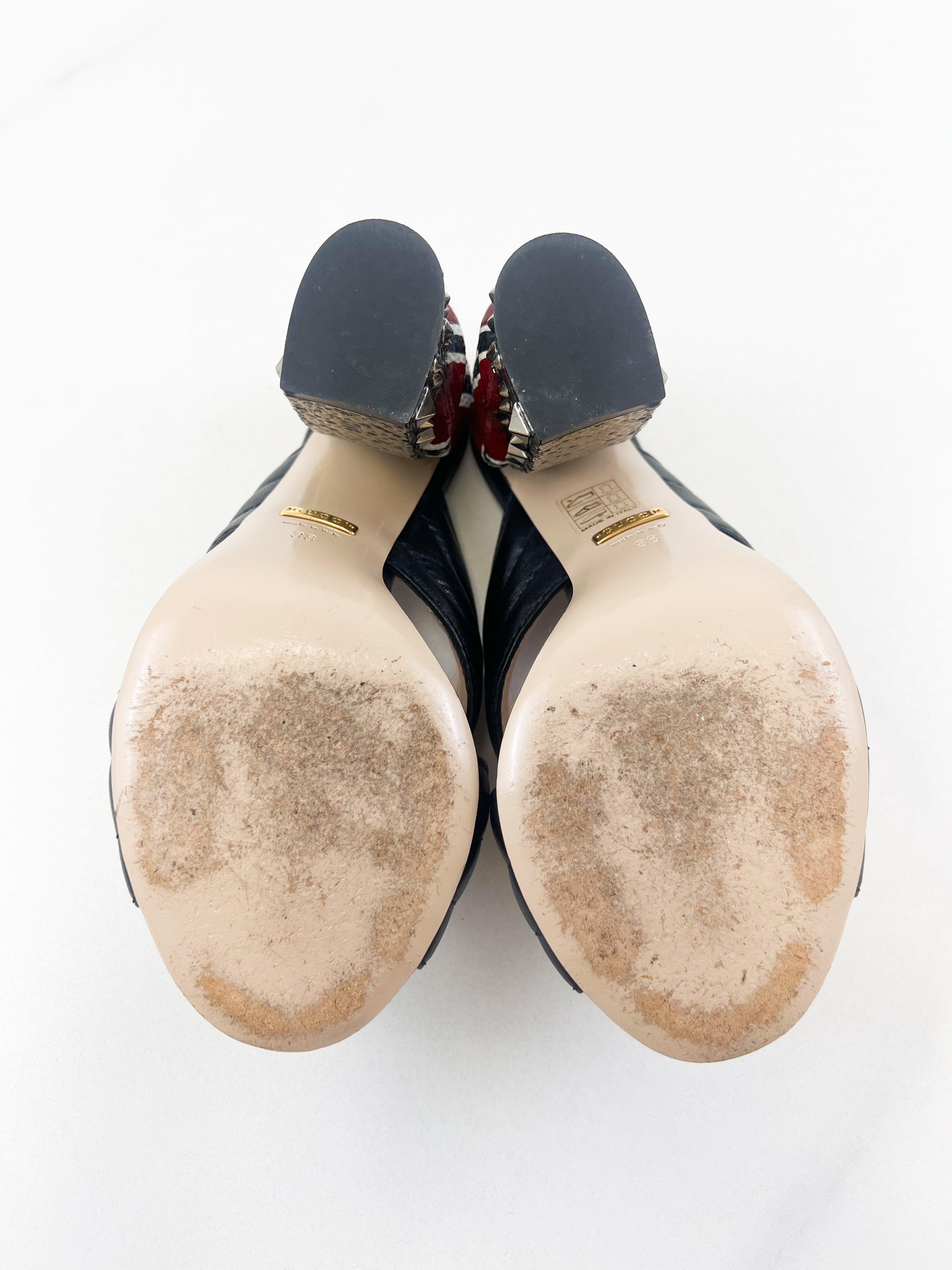 Gucci Webby Quilted Leather Snake Heel Mules Size 38