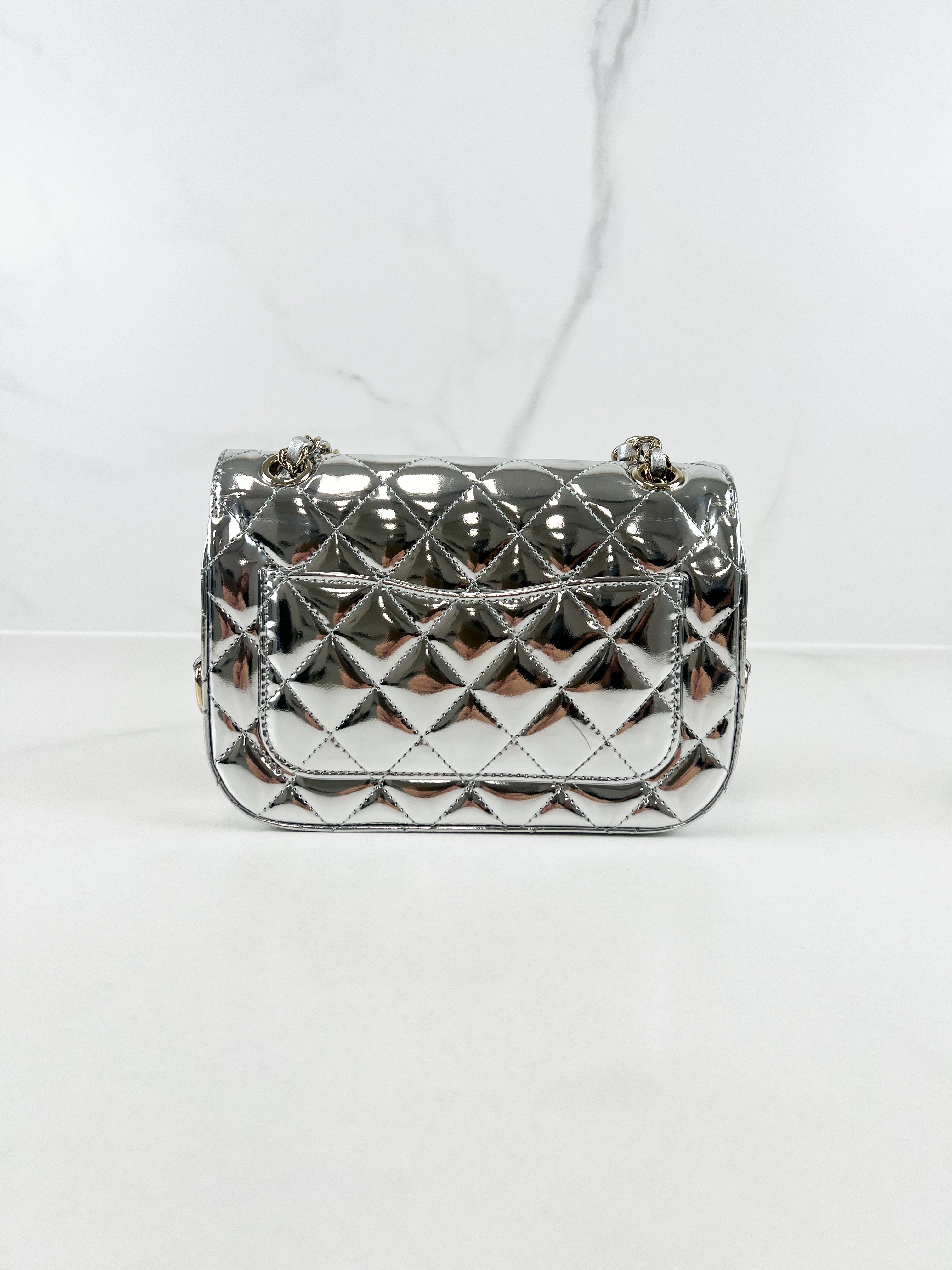 Chanel Patent Mini Square in Silver with SHW