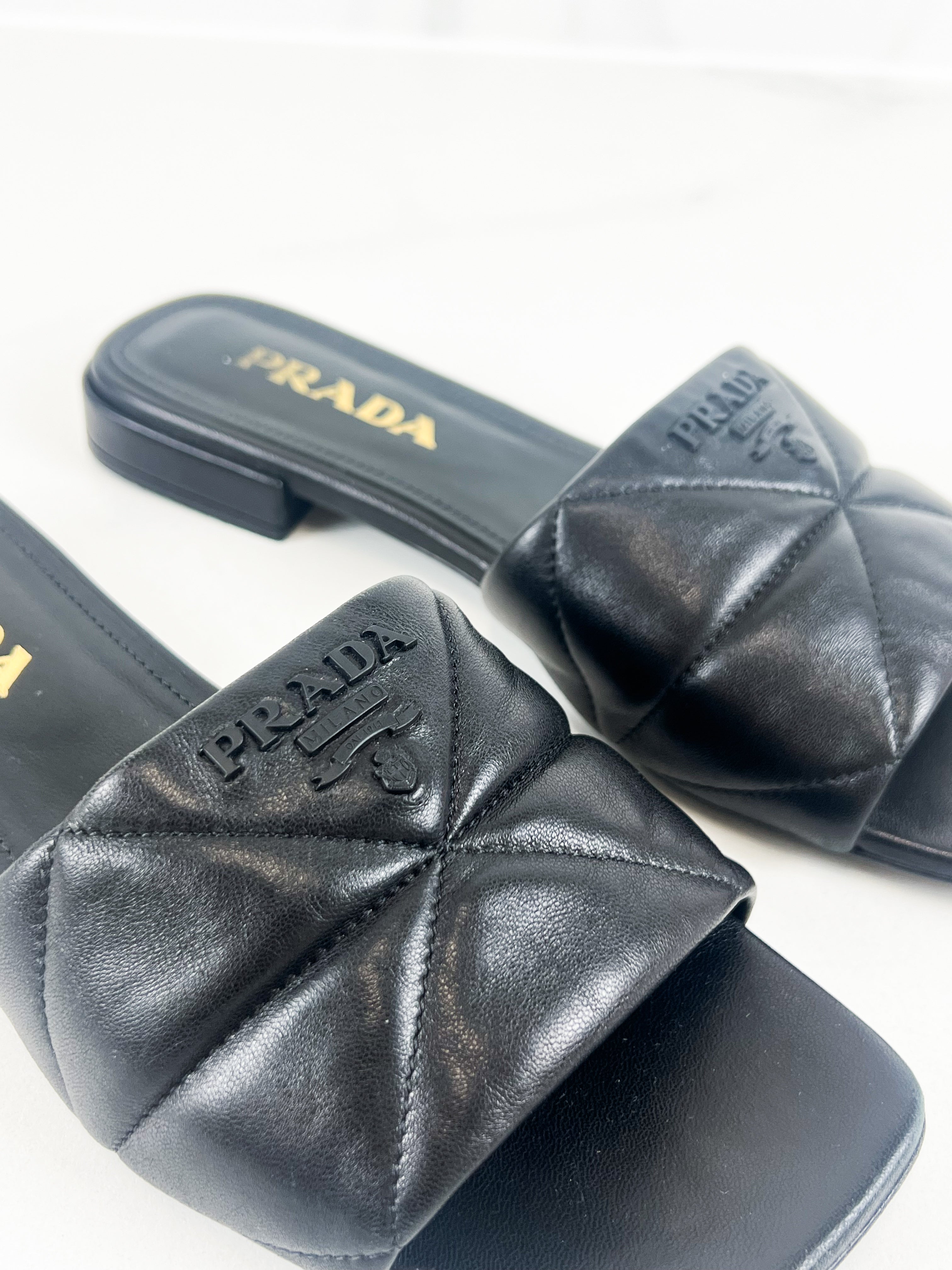 Prada Quilted Nappa Leather Slides in Black Size 38.5