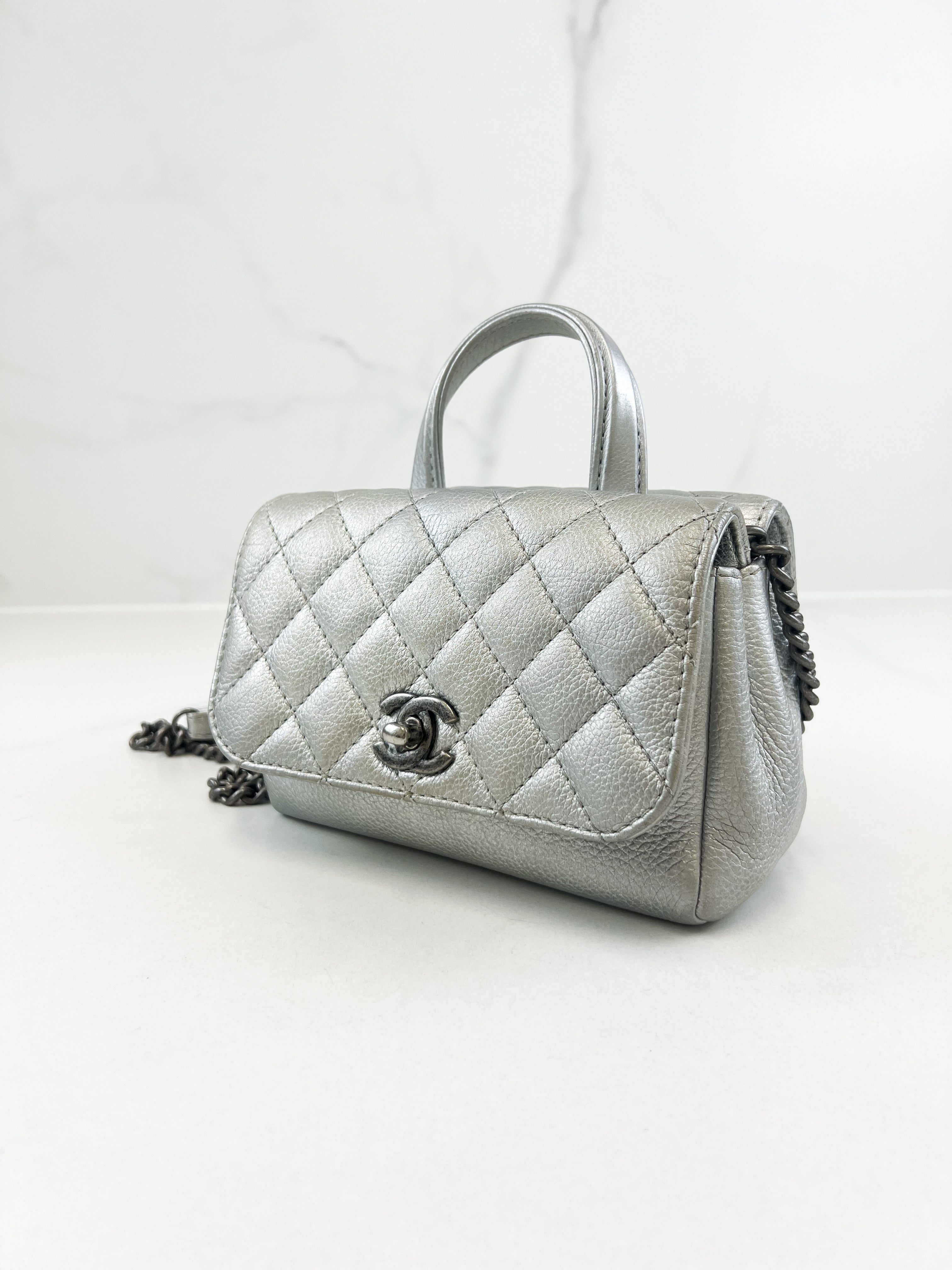 Chanel Quilted Caviar Mini Coco Silver Top Handle Bag