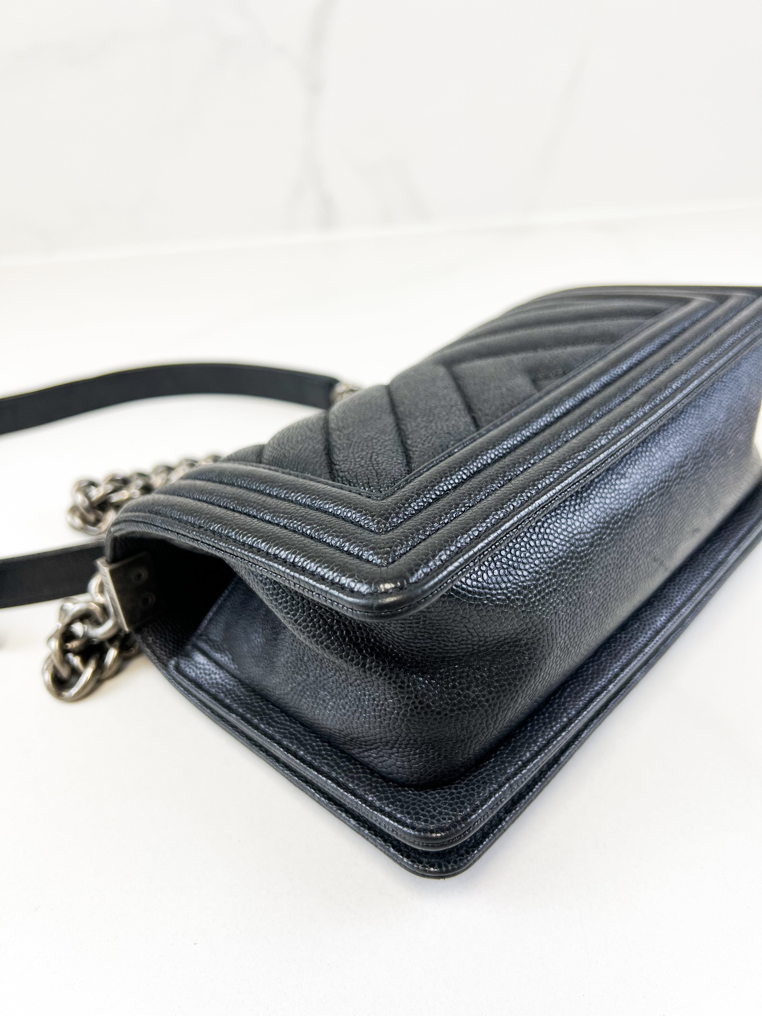 Chanel Caviar Small Chevron Boy Bag with Ruthenium Hardware