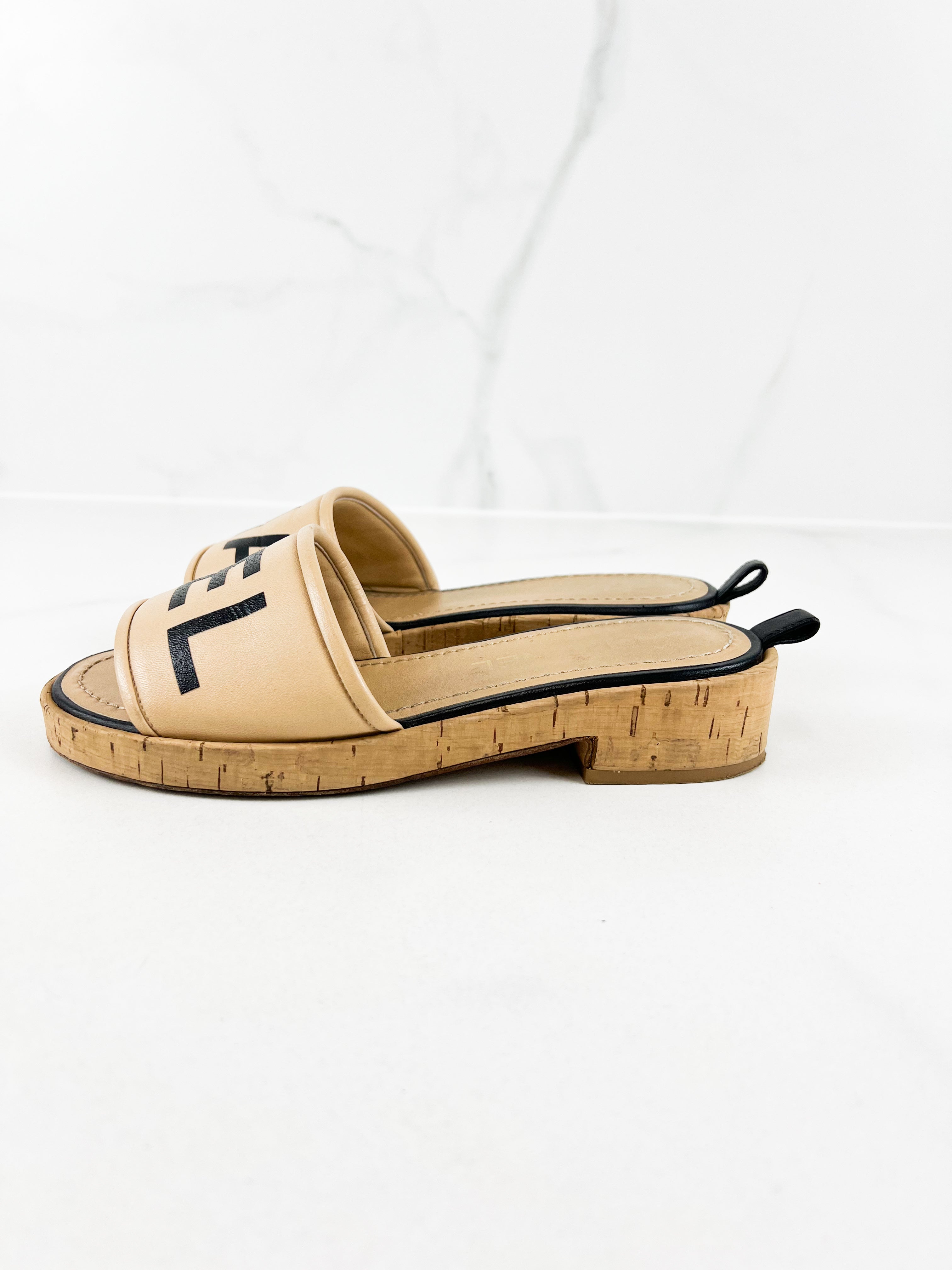 Chanel Beige Leather CC Cork Slide Sandal Size 36