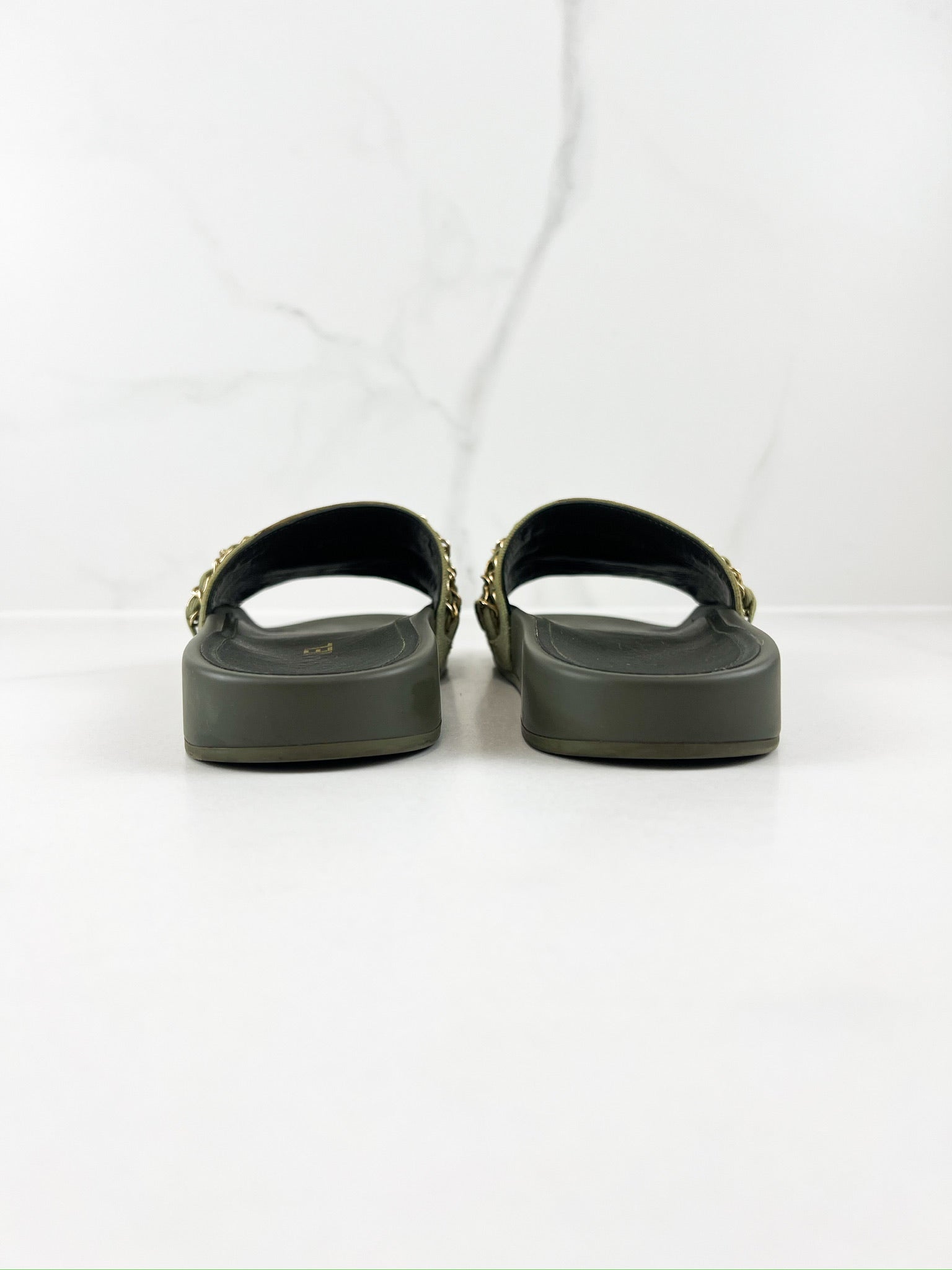 Chanel Khaki Tropiconic Chain Slides Size 37