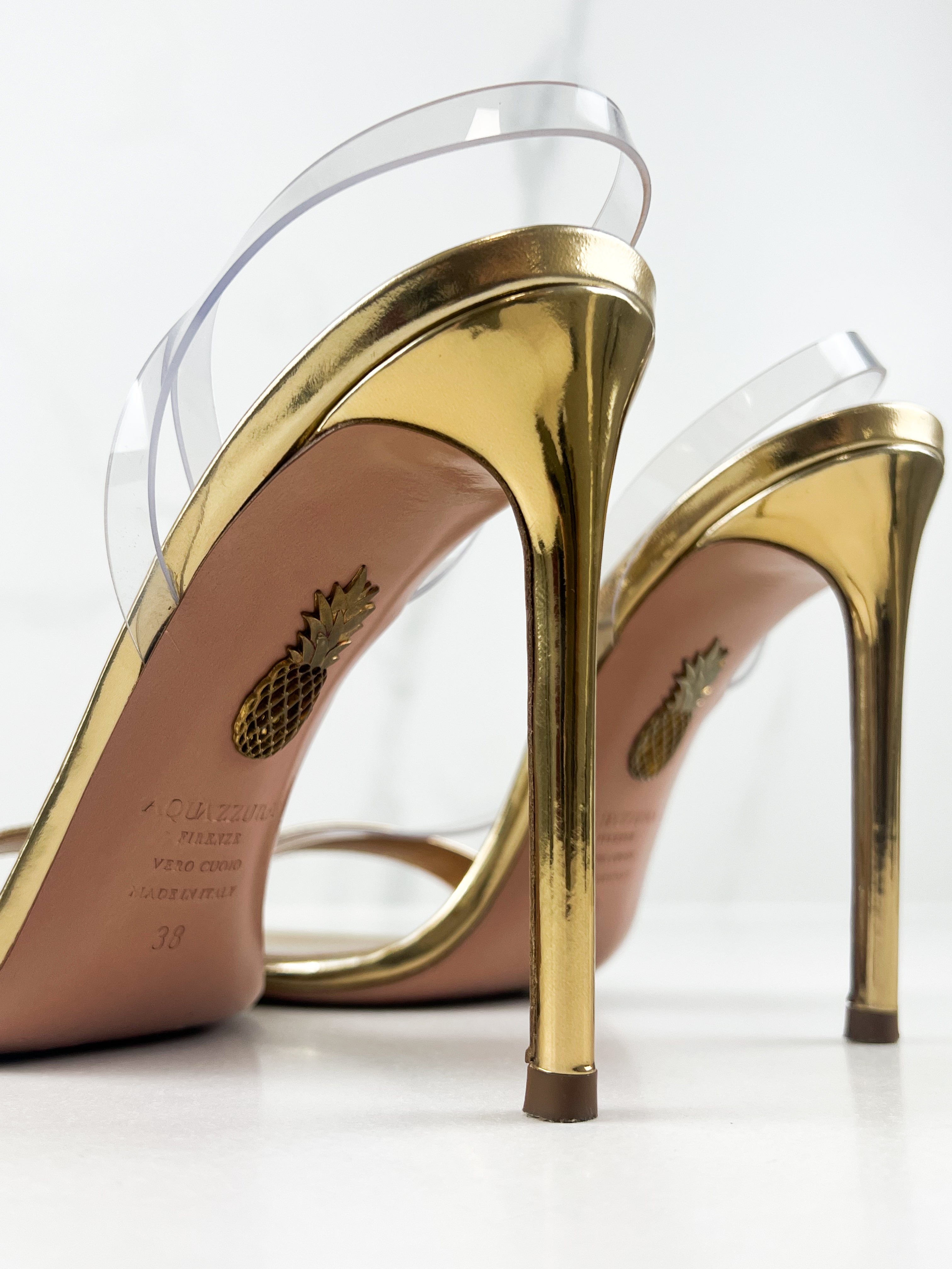 Aquazzura Kiss Sandal 105mm in PVC & Gold Size 38