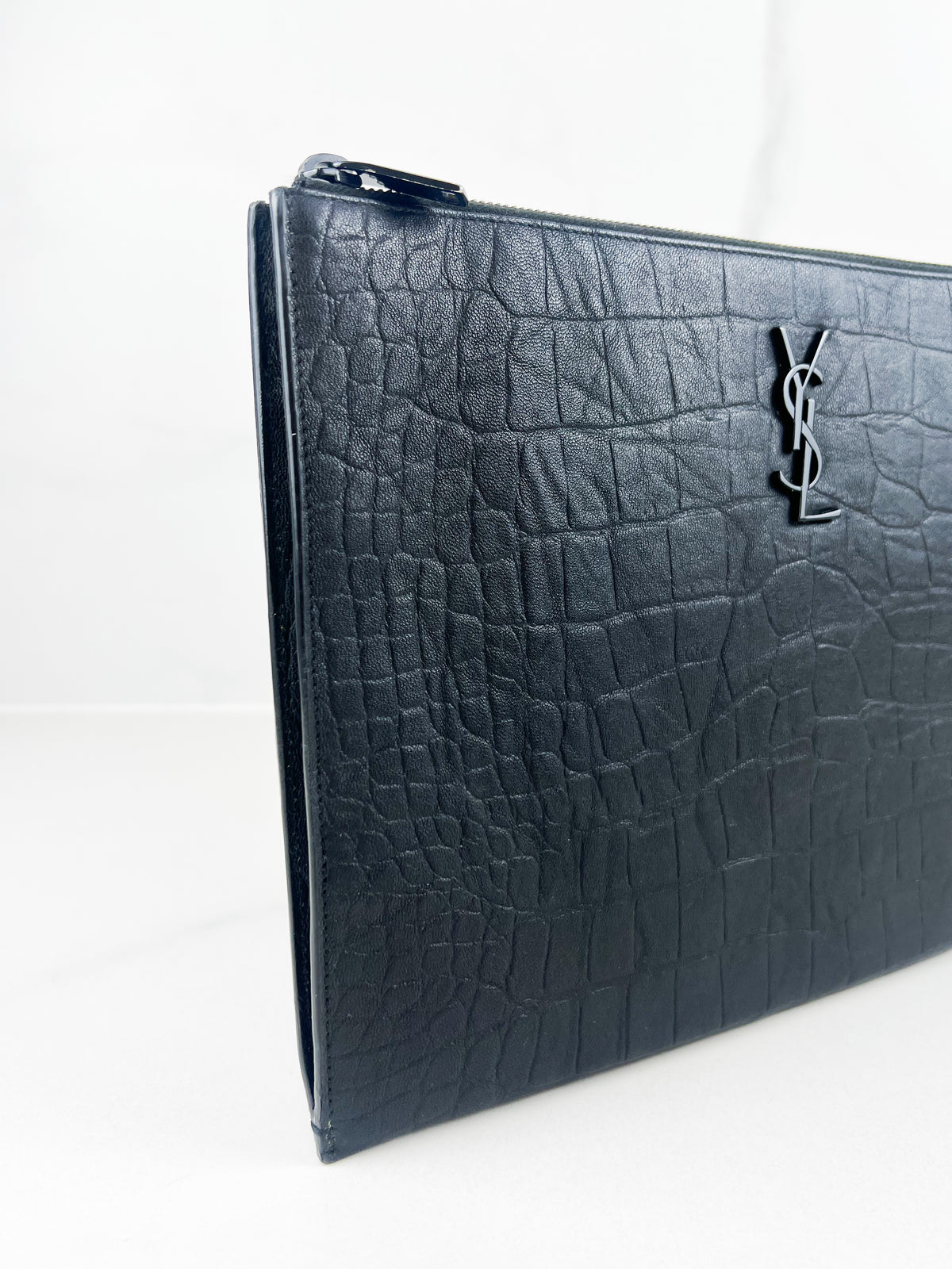 Saint Laurent Croc Embossed Pouch with Black Hardware