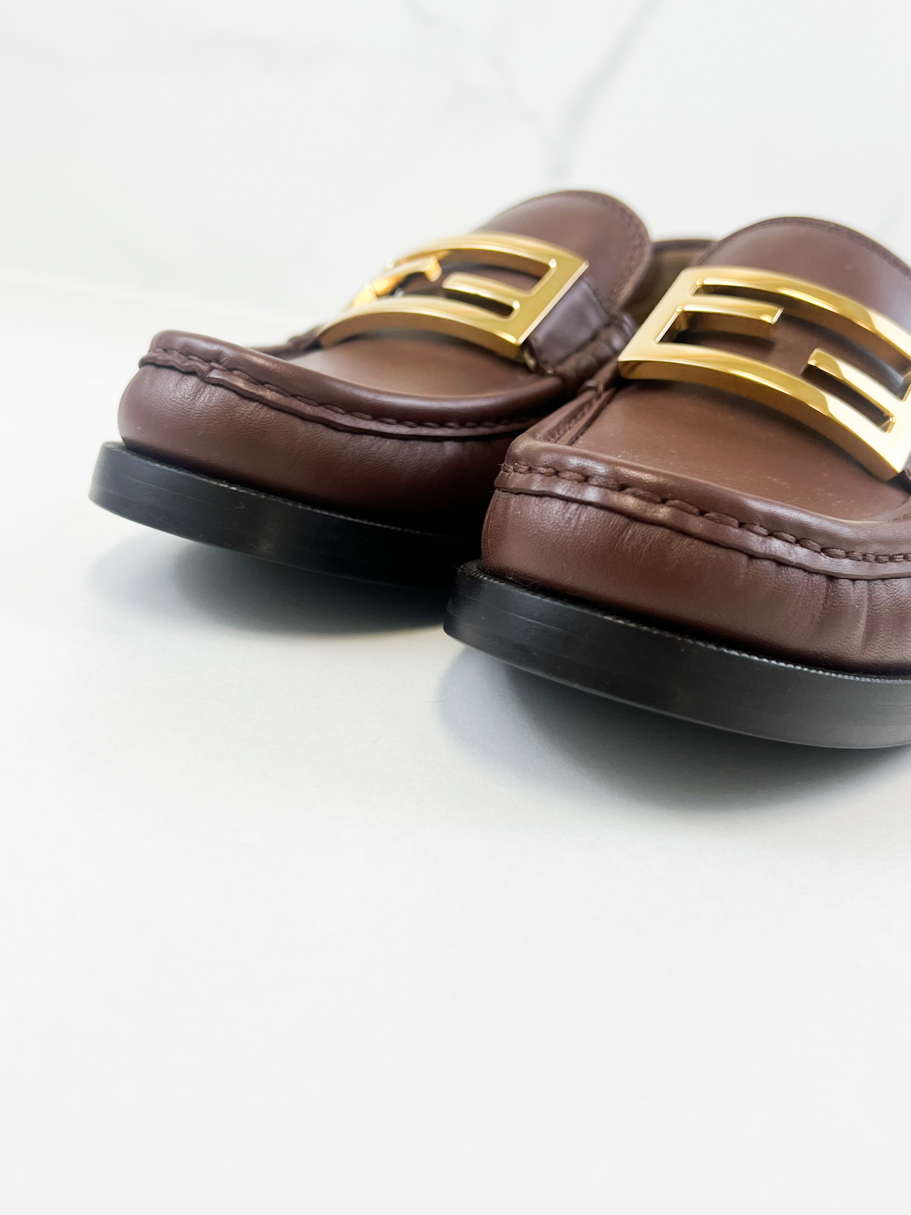 Fendi Mahogany Loafer with Gold-tone FF Plaque Size 40