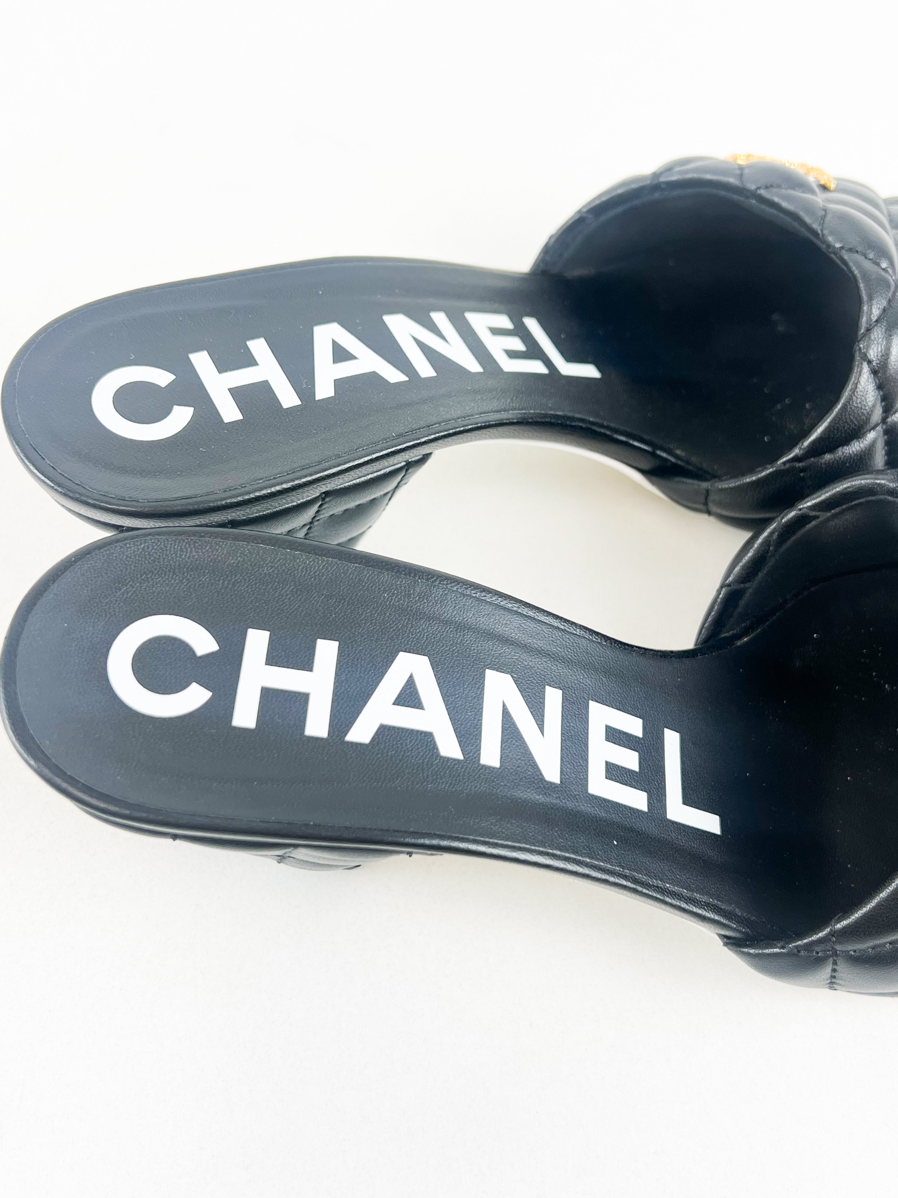 Chanel Black Lambskin Quilted Mules with Gold CC Logo