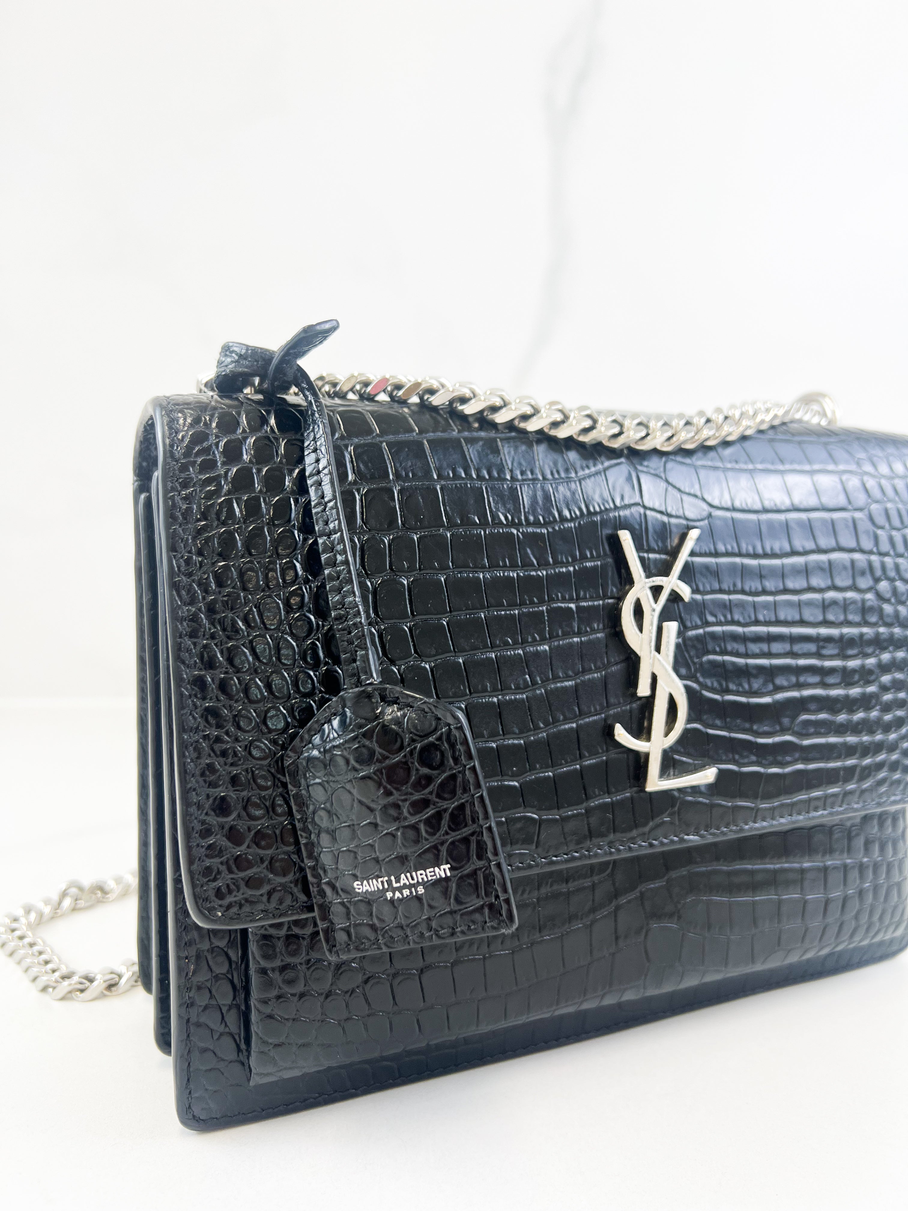 Saint Laurent Sunset Medium Black Croc Shoulder Bag with SHW