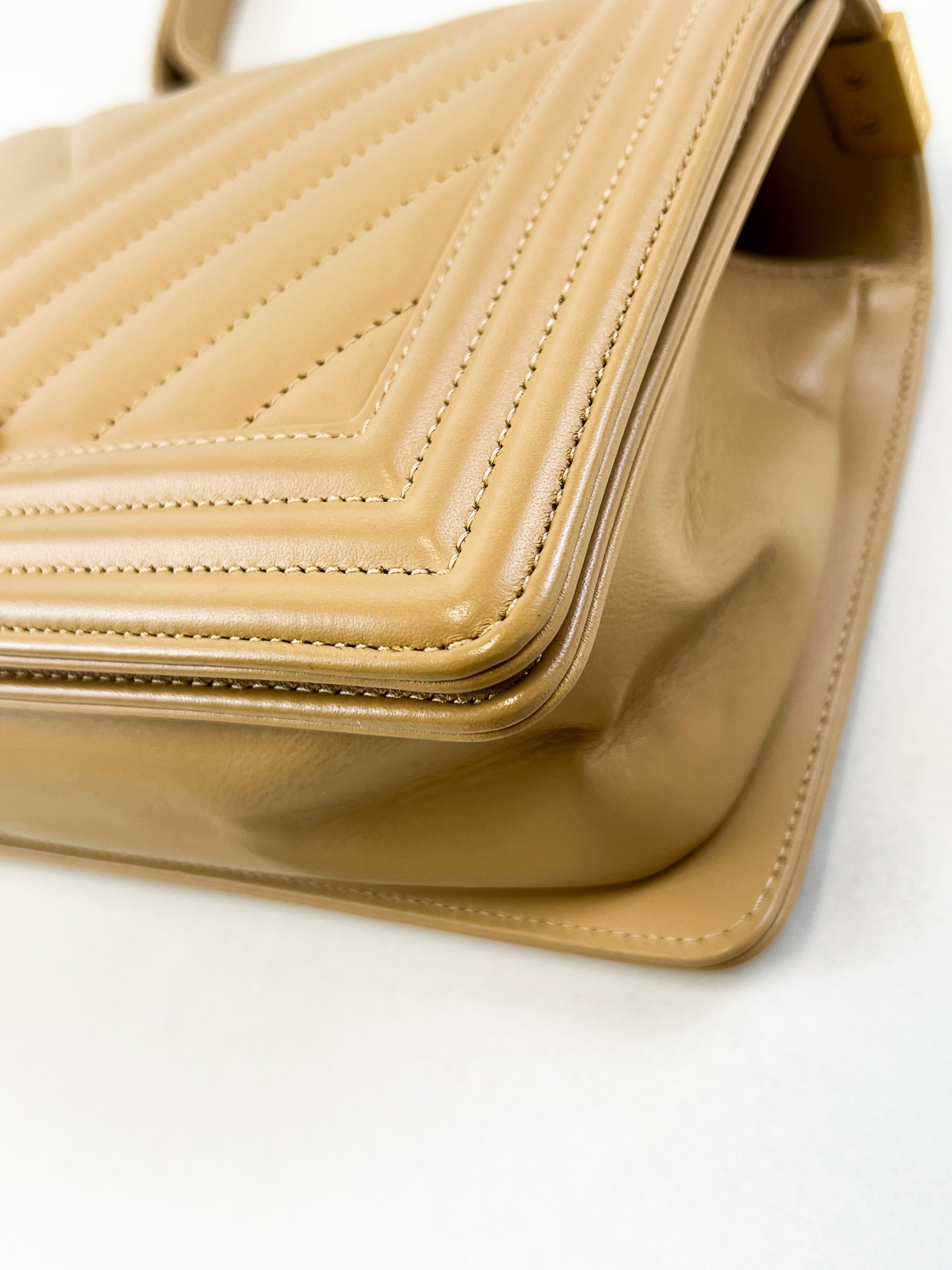 Chanel Beige Old Medium Chevron Calfskin Boy Bag with GHW
