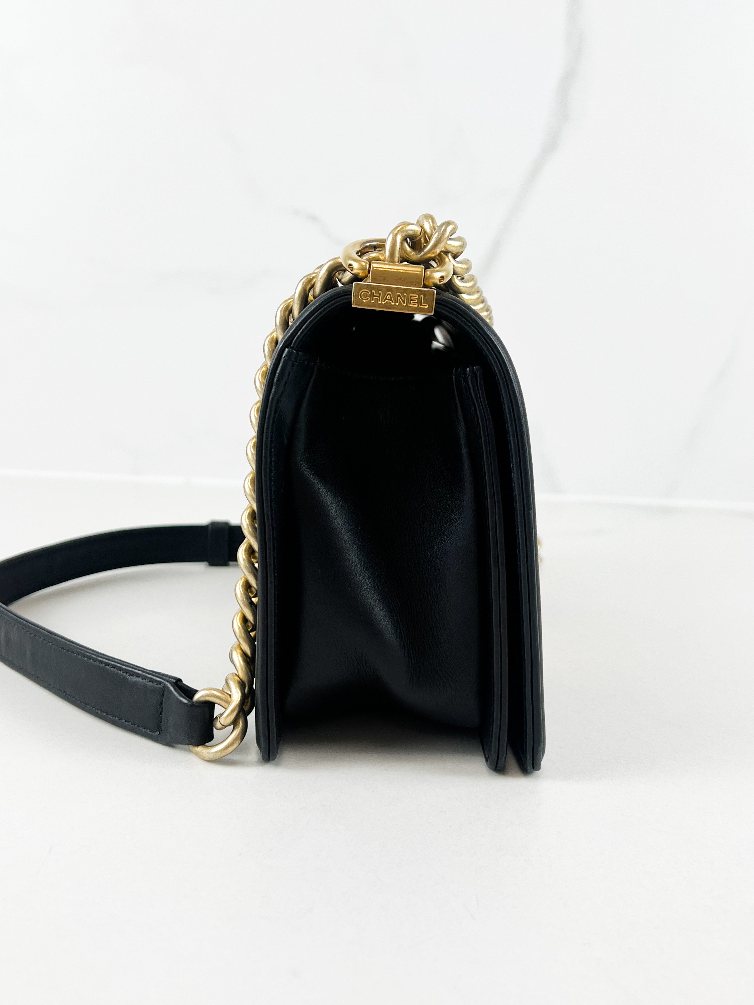 Chanel Old Medium Boy Bag in Black Chevron Calfskin with Vintage GHW