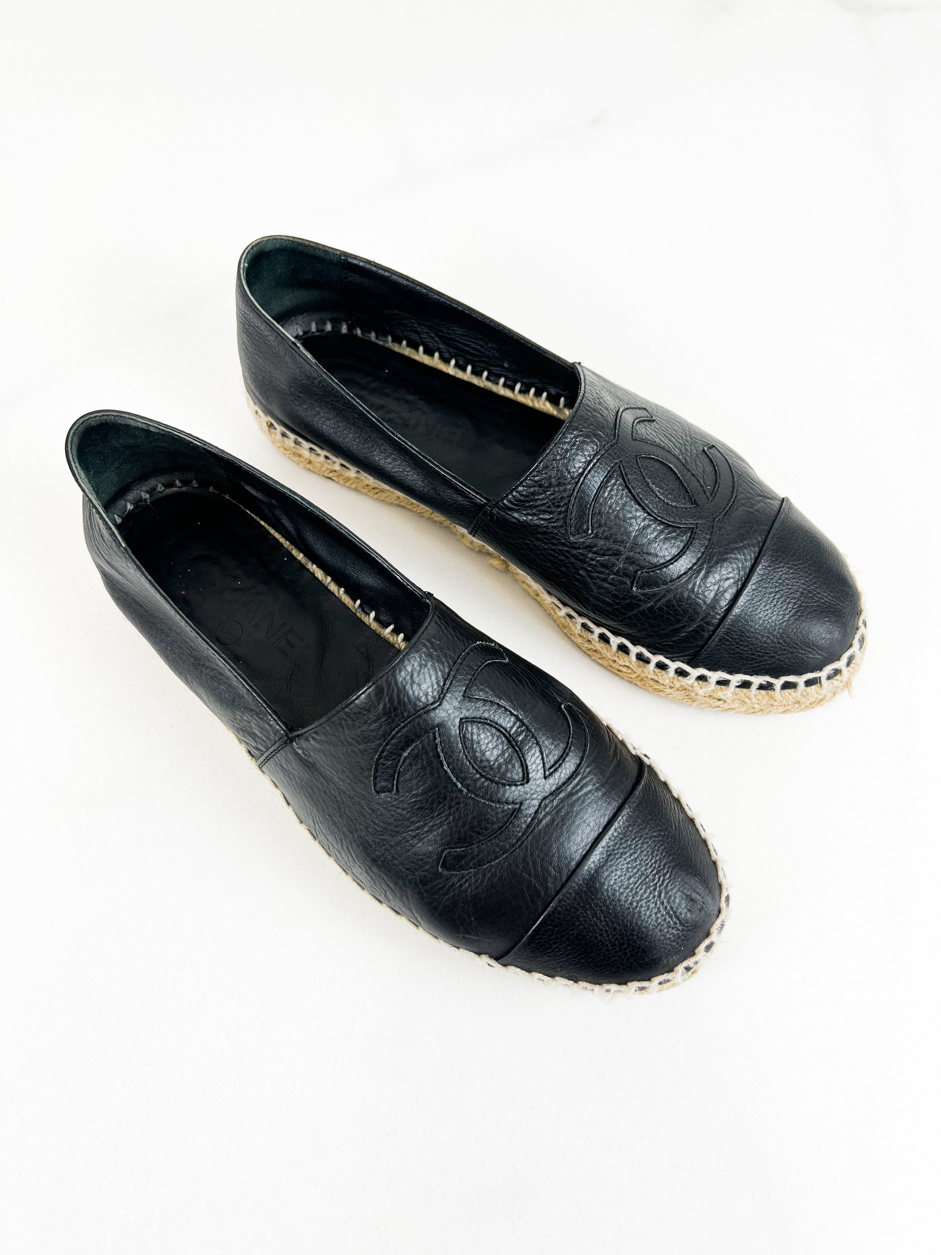 Chanel Black CC Leather Espadrille Size 38