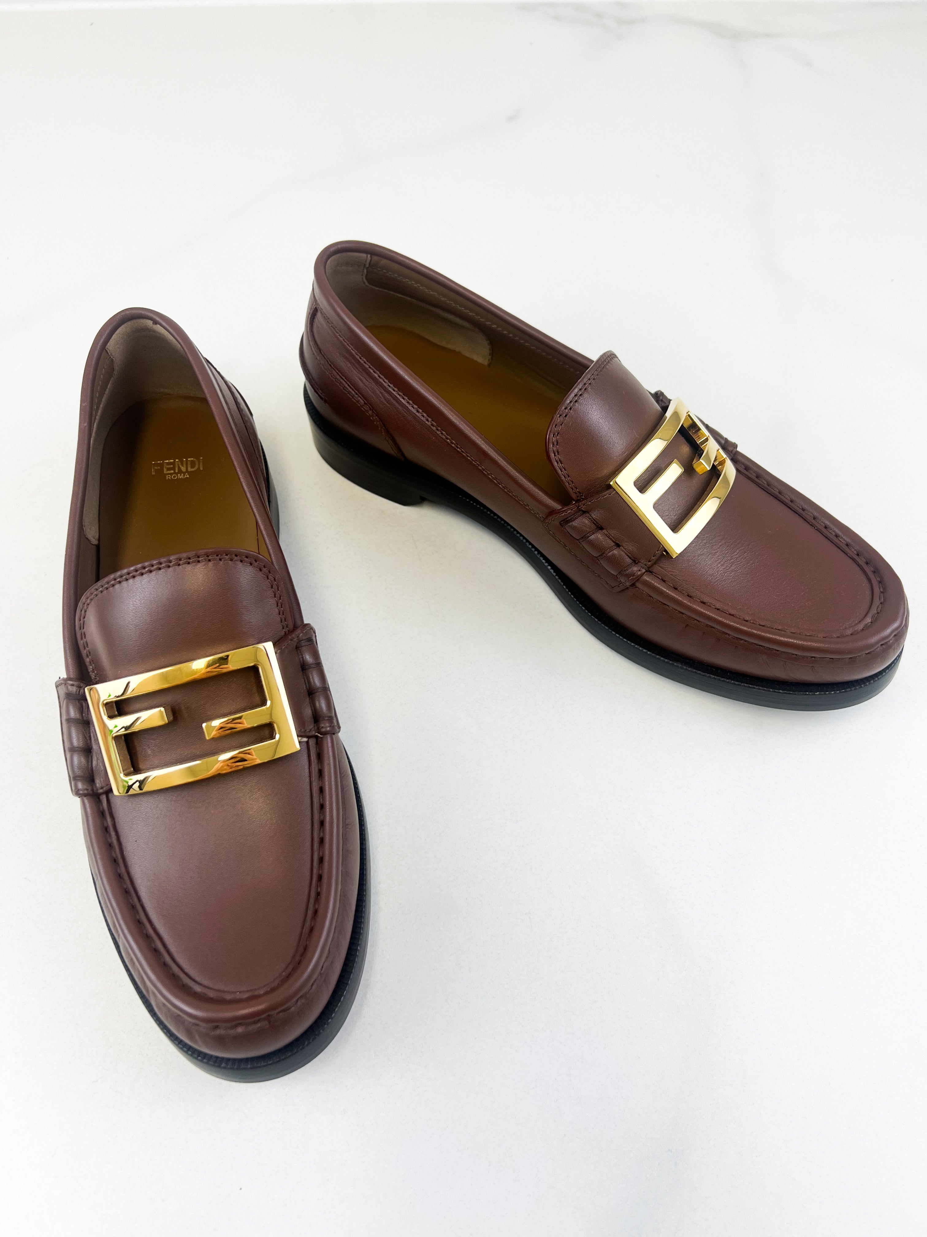 Fendi Mahogany Loafer with Gold-tone FF Plaque Size 40