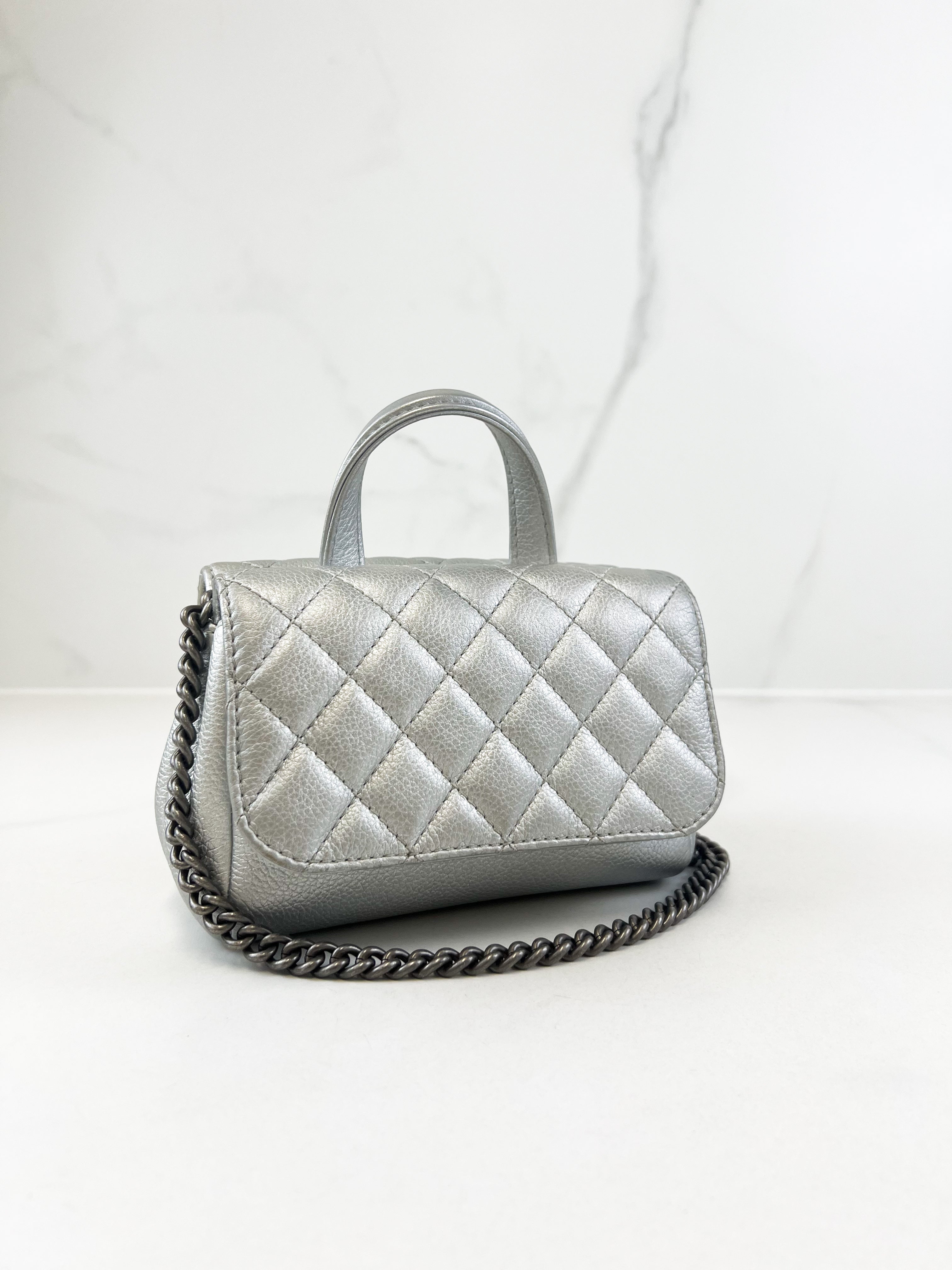 Chanel Quilted Caviar Mini Coco Silver Top Handle Bag