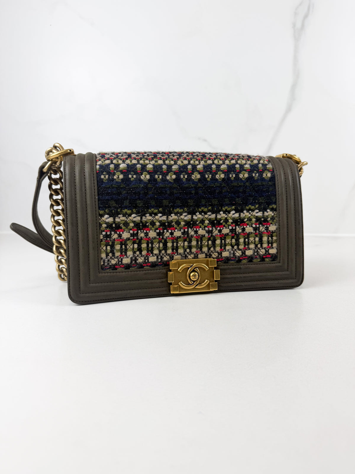 Chanel Khaki Fantasy Tweed Medium Boy Bag