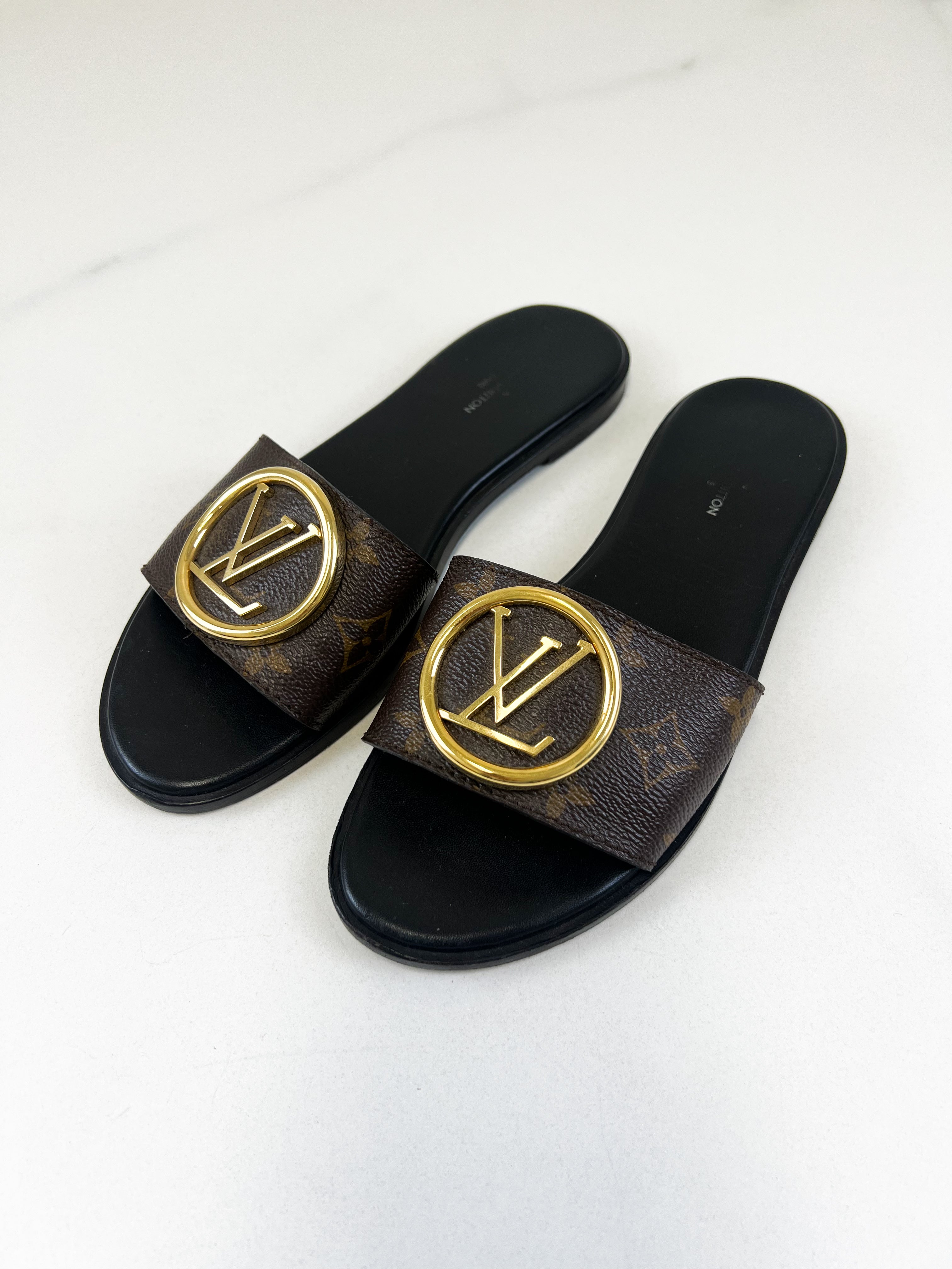 Louis Vuitton Monogram Lock It Flat Slides Size 37