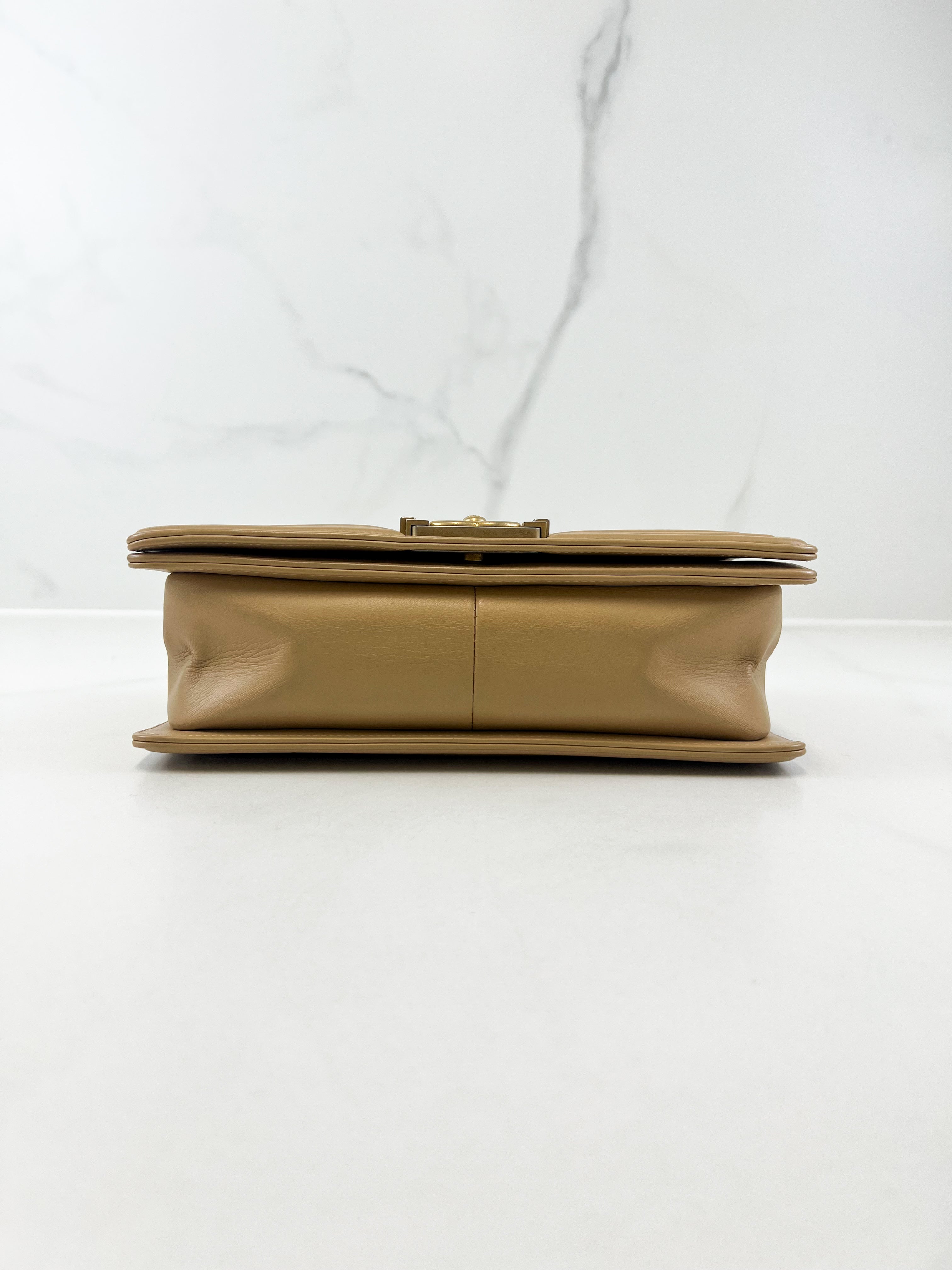 Chanel Beige Old Medium Chevron Calfskin Boy Bag with GHW